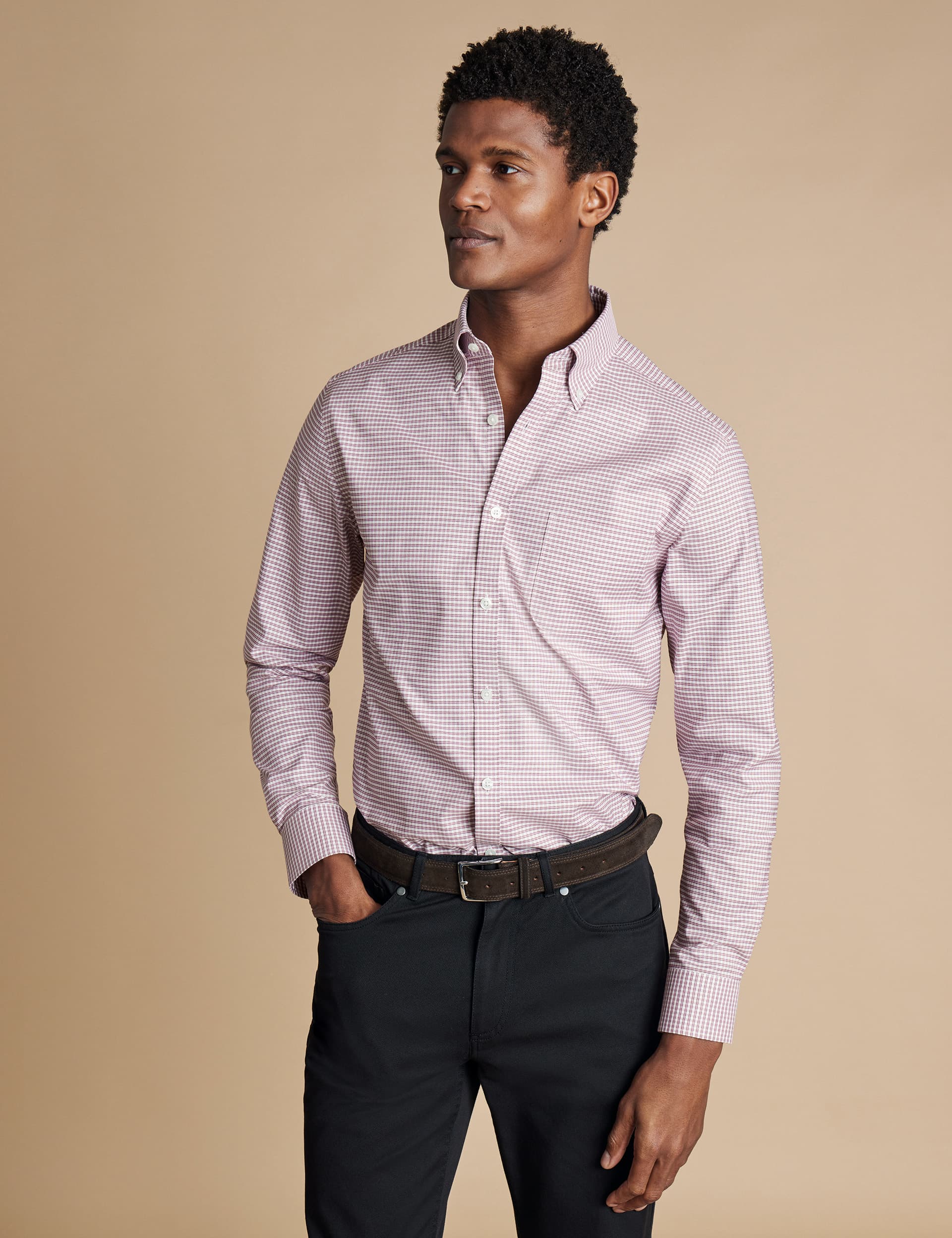 Charles Tyrwhitt Men's Non-Iron Cotton Rich Stretch Oxford Shirt - M - Pink Mix, Pink Mix