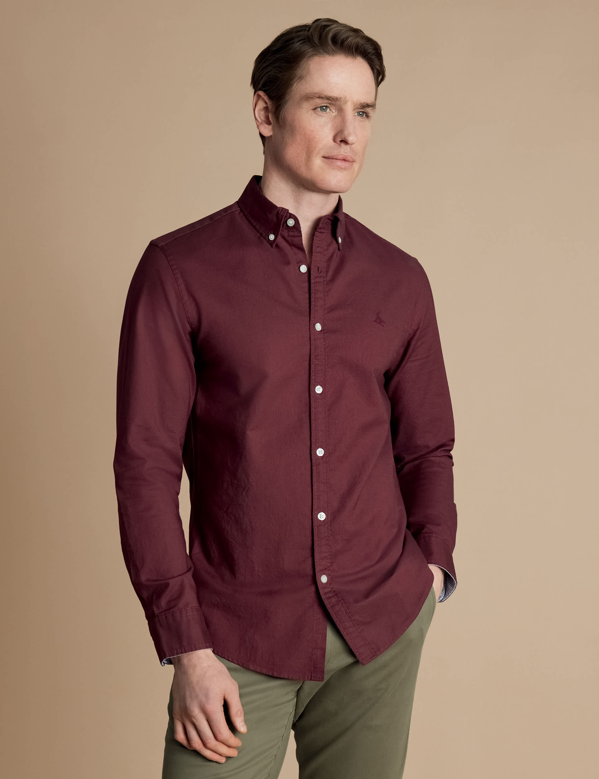 Charles Tyrwhitt Men's Slim Fit Pure Cotton Washed Oxford Shirt - Burgundy, Burgundy,Light Green,Oce