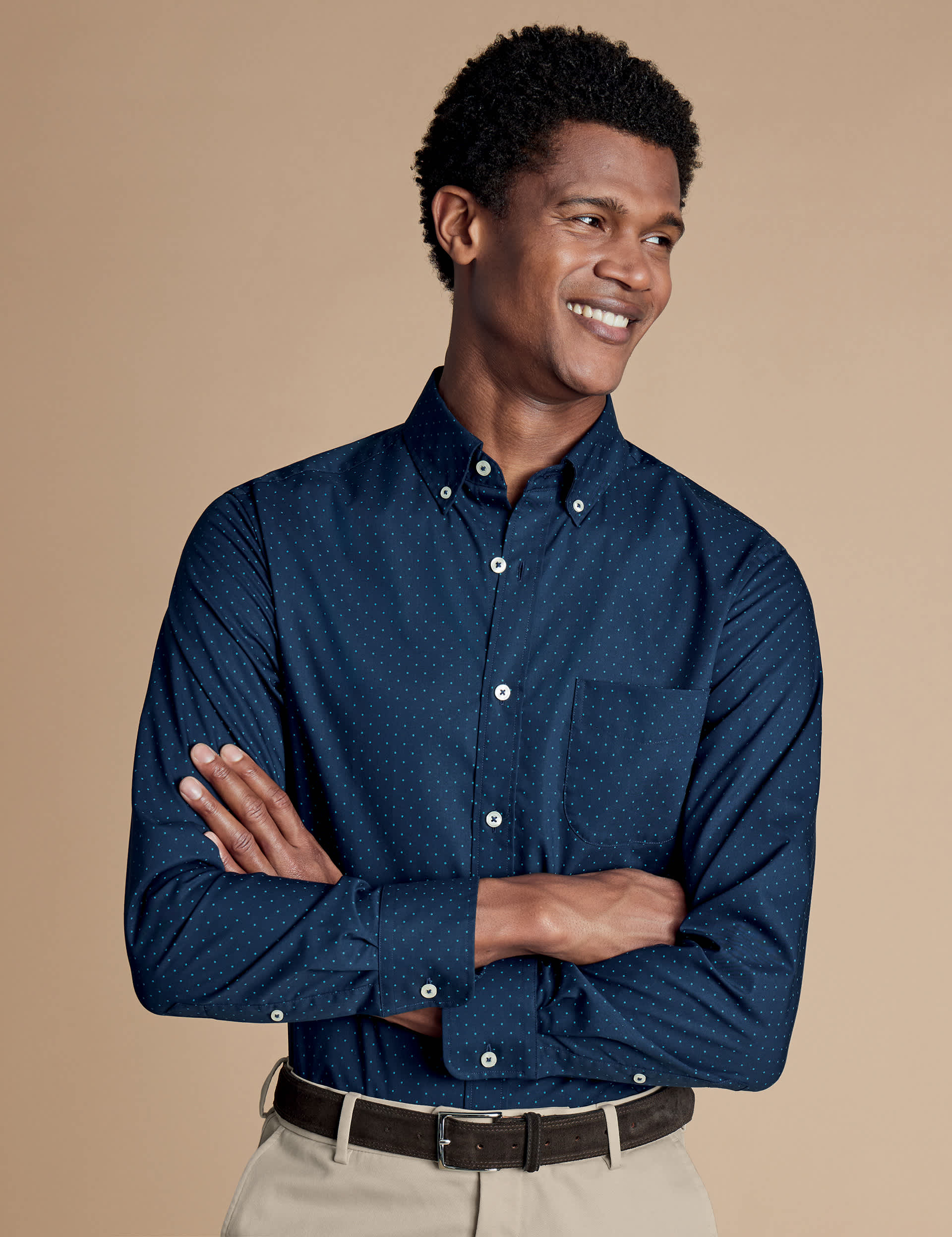 Charles Tyrwhitt Men's Non Iron Slim Fit Pure Cotton Spot Print Shirt