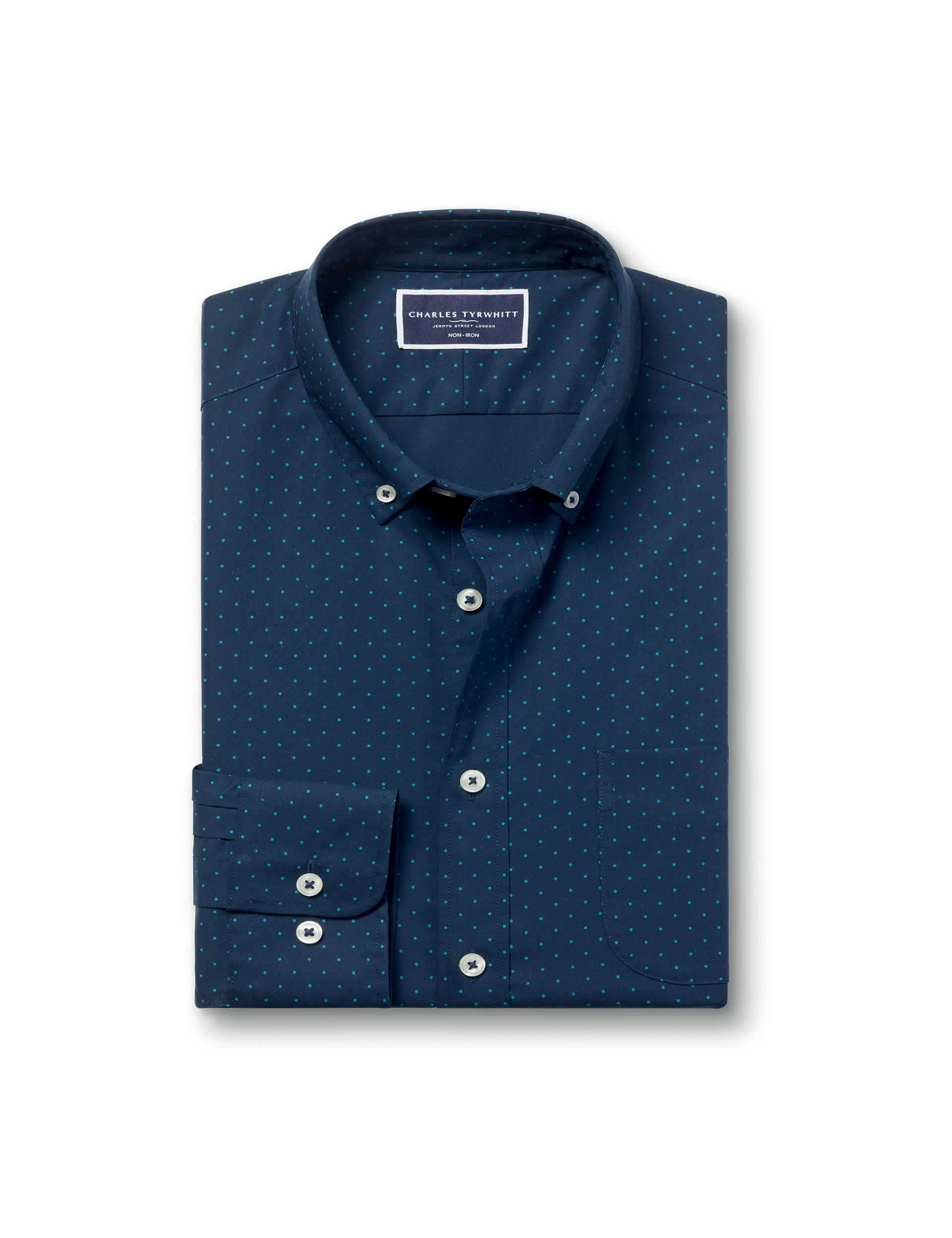 Charles Tyrwhitt Men's Non Iron Slim Fit Pure Cotton Spot Print Shirt - Dark Blue Mix, Dark Blue Mix