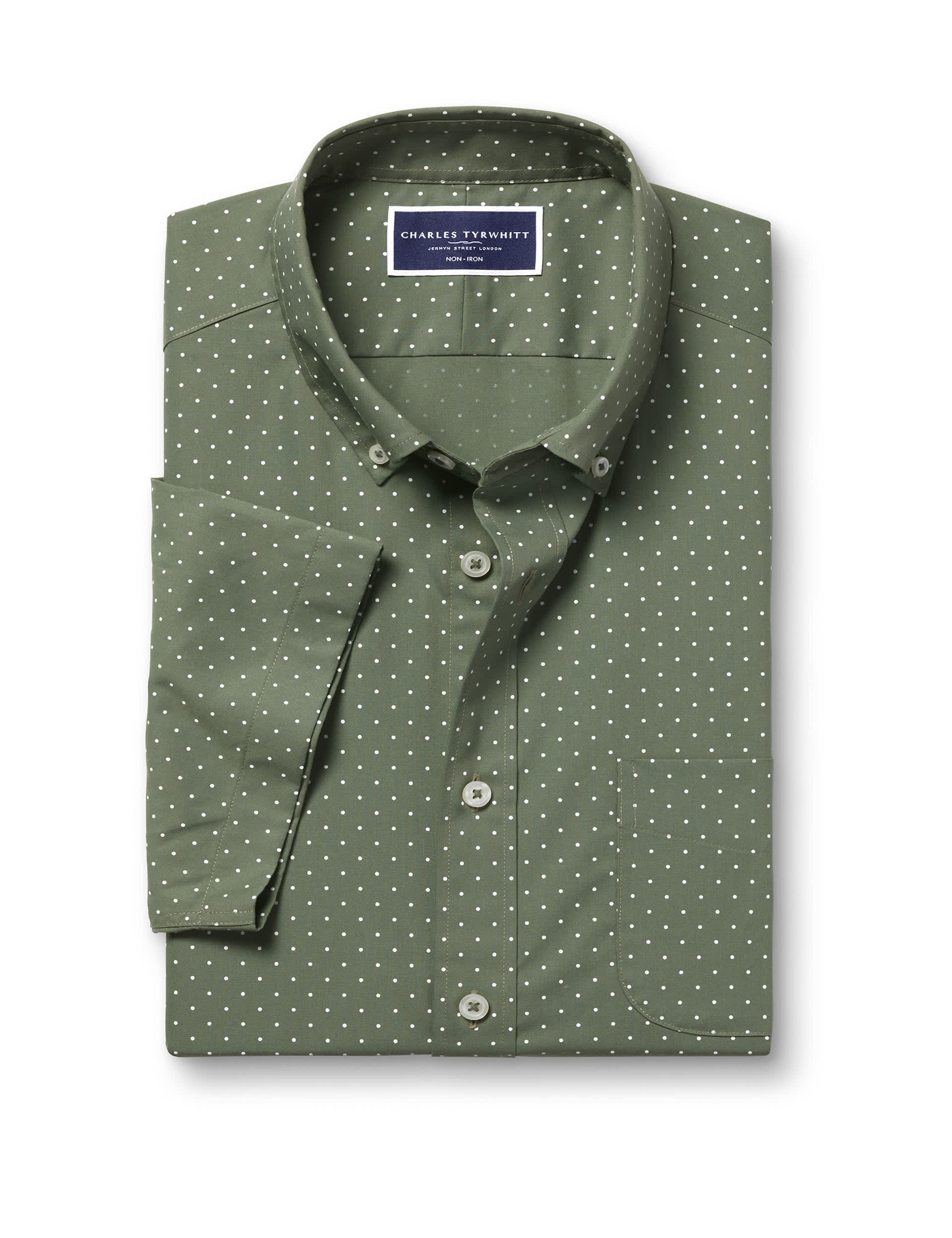 Charles Tyrwhitt Men's Slim Fit Non Iron Pure Cotton Polka Dot Shirt - Olive, Olive