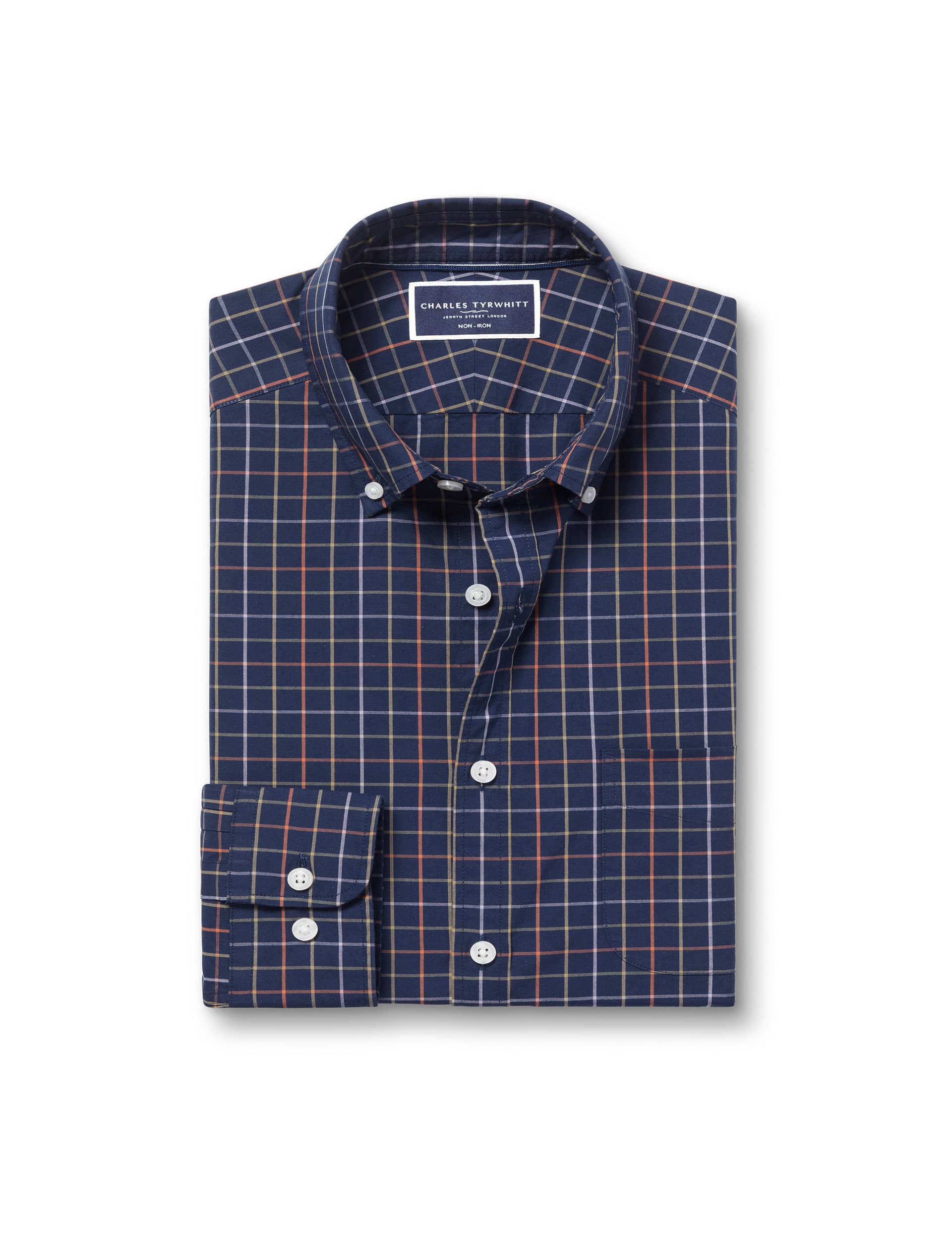 Charles Tyrwhitt Men's Non Iron Pure Cotton Stretch Checked Shirt - L - French Navy, French Navy