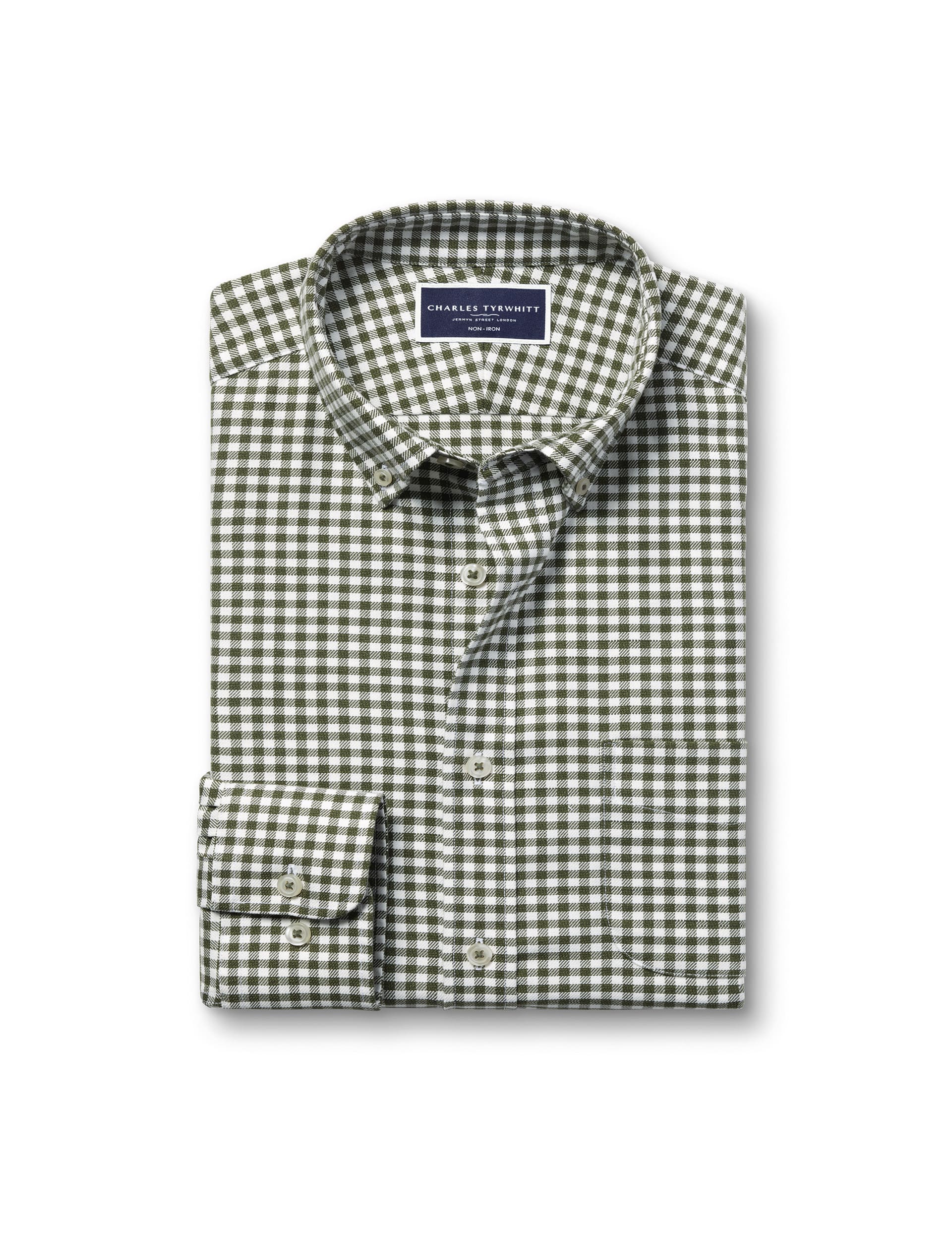 Charles Tyrwhitt Men's Slim Fit Non Iron Pure Cotton Gingham Shirt - Green Mix, Green Mix