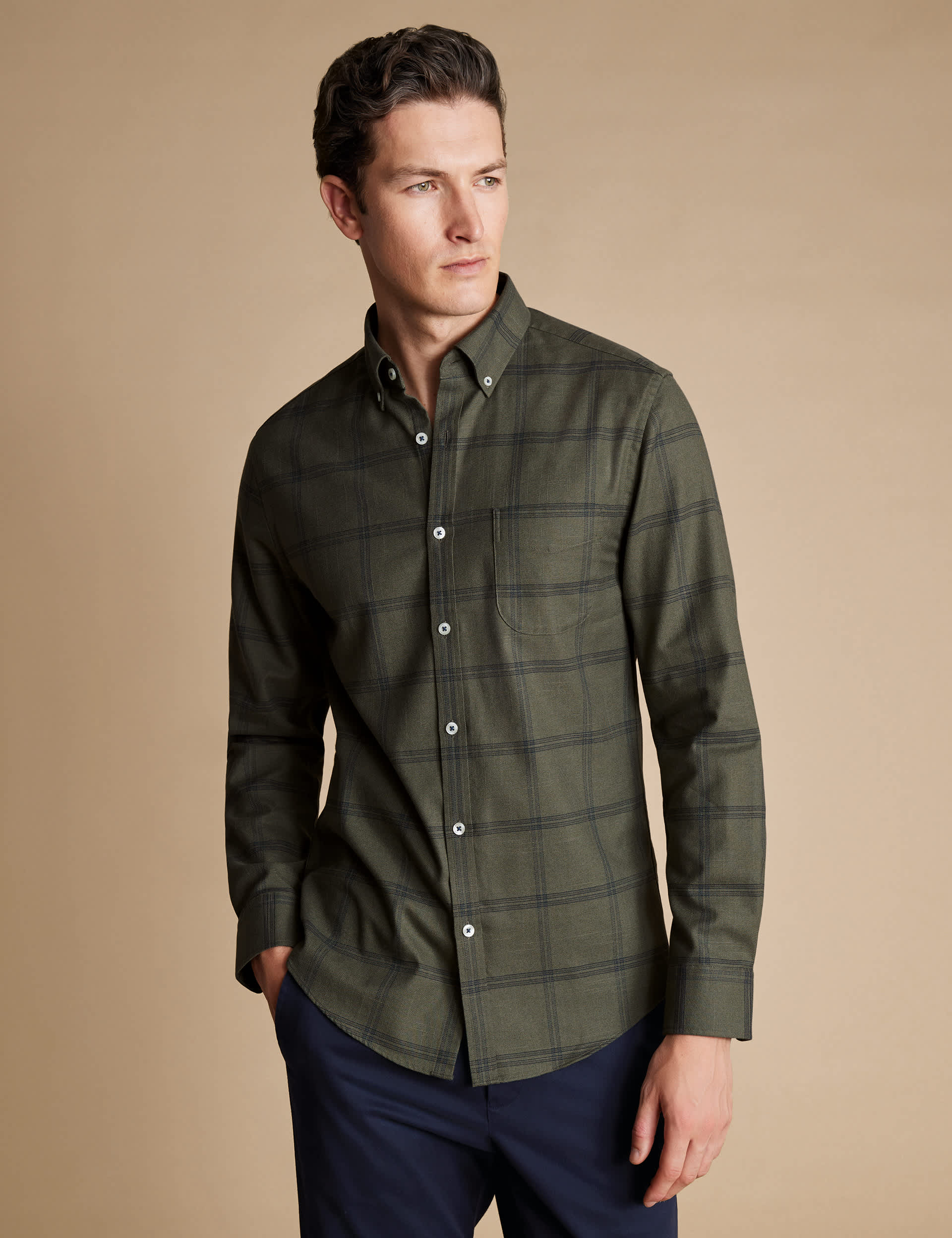 Charles Tyrwhitt Men's Easy Iron Pure Cotton Check Twill Shirt - M - Green Mix, Green Mix