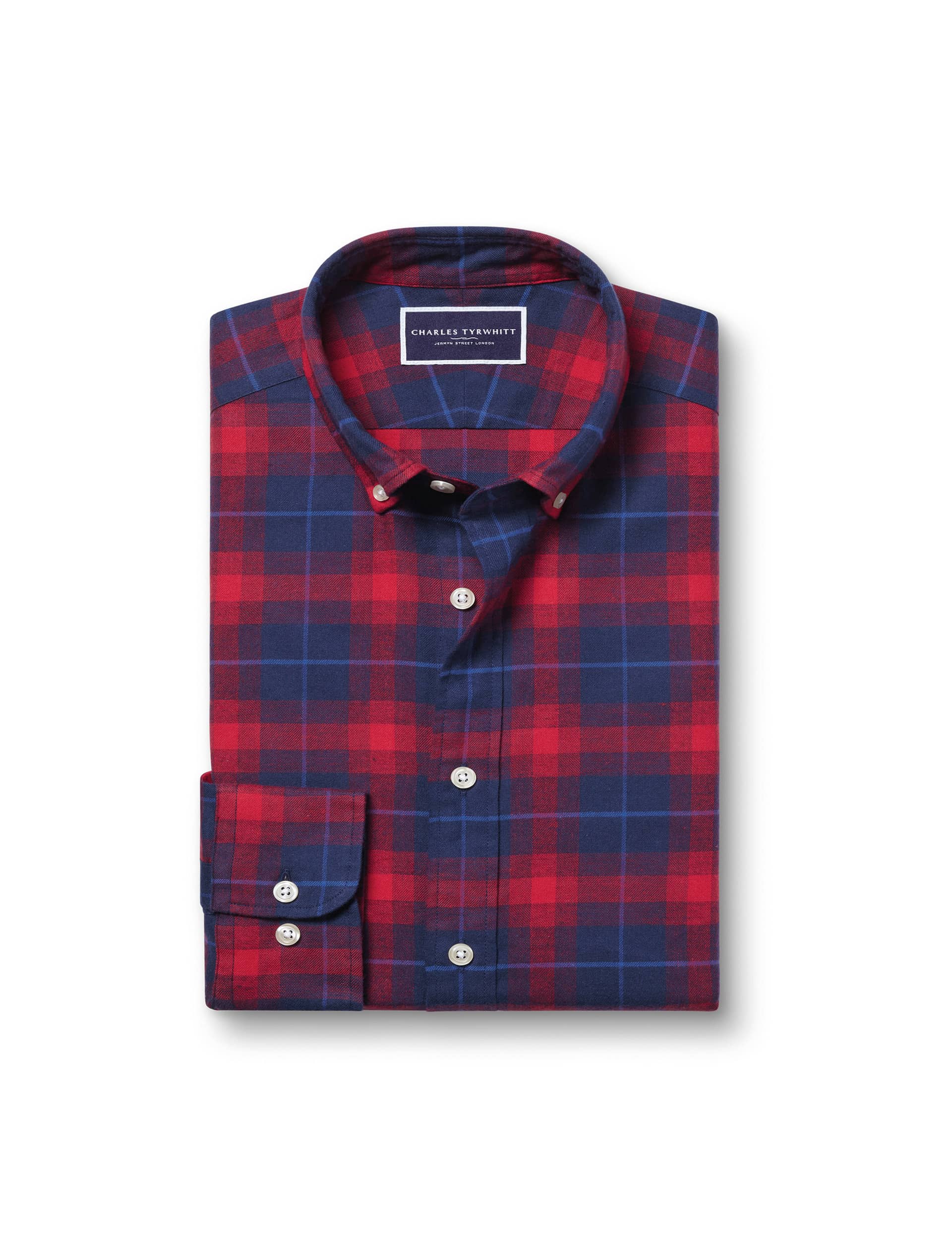 Charles Tyrwhitt Men's Brushed Pure Cotton Check Flannel Shirt - Red Mix, Red Mix