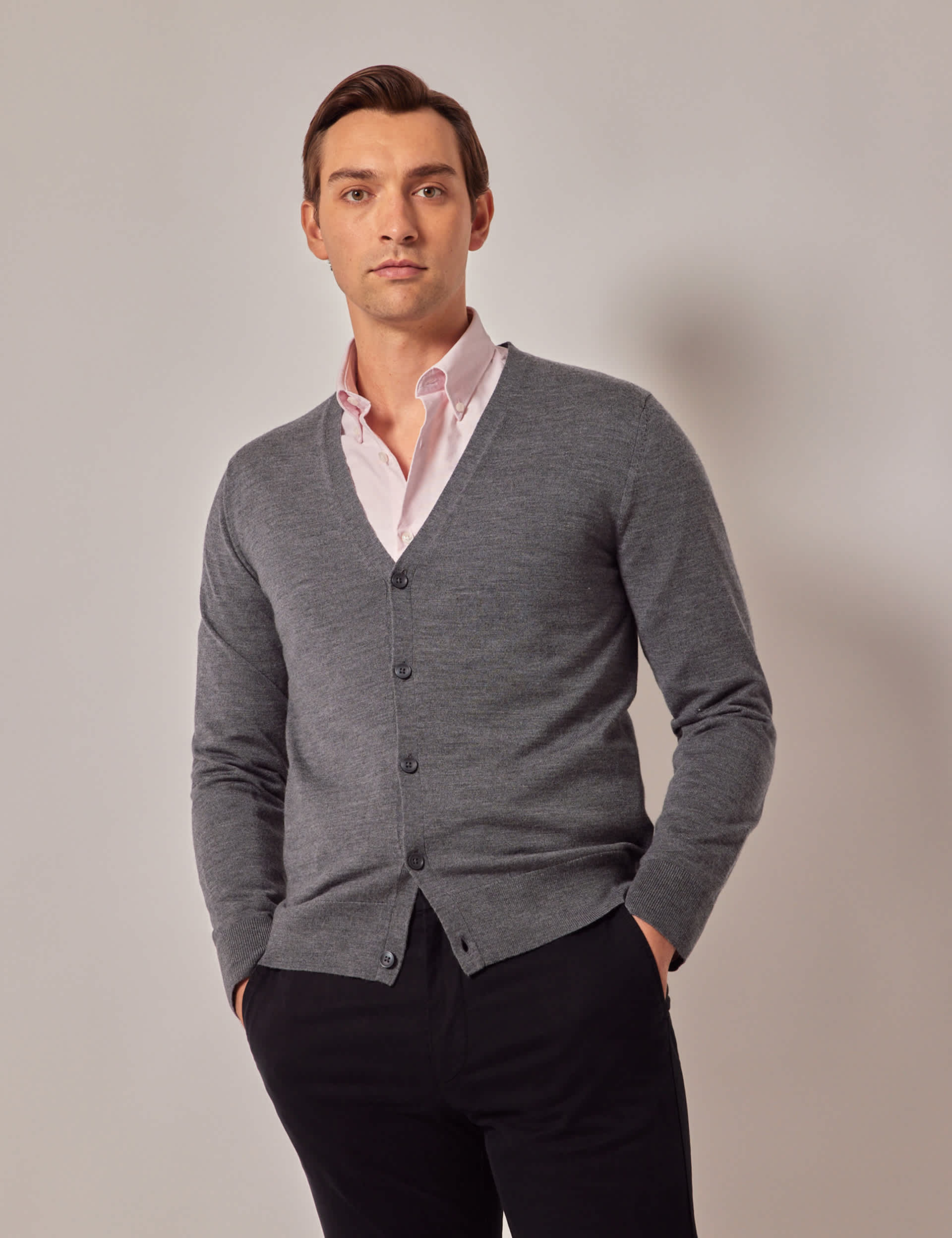 Hawes & Curtis Men's Pure Merino Wool V-Neck Cardigan - Grey, Grey,Navy