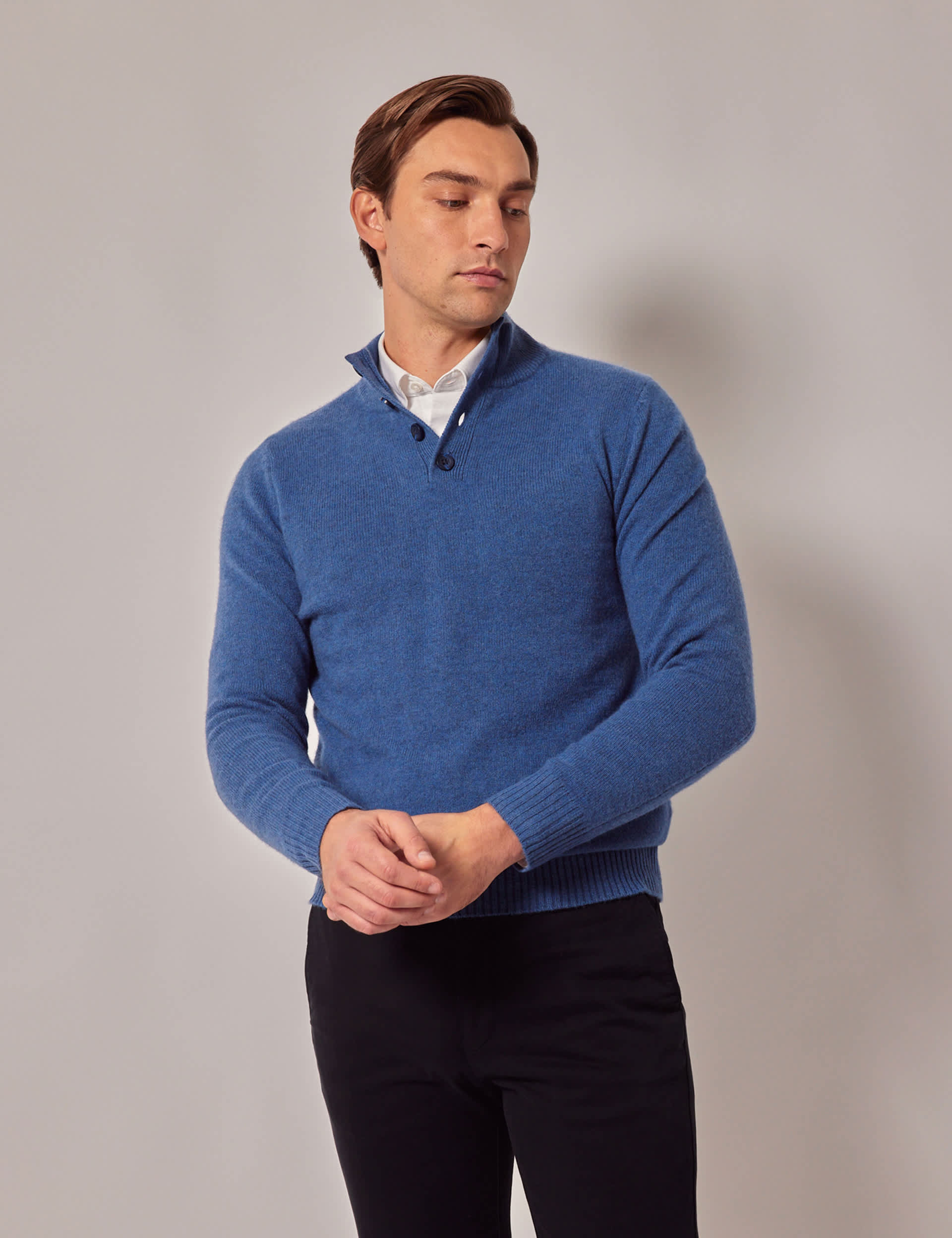 Hawes & Curtis Men's Pure Lambswool Half Button Jumper - Blue Denim, Blue Denim,Grey,Neutral