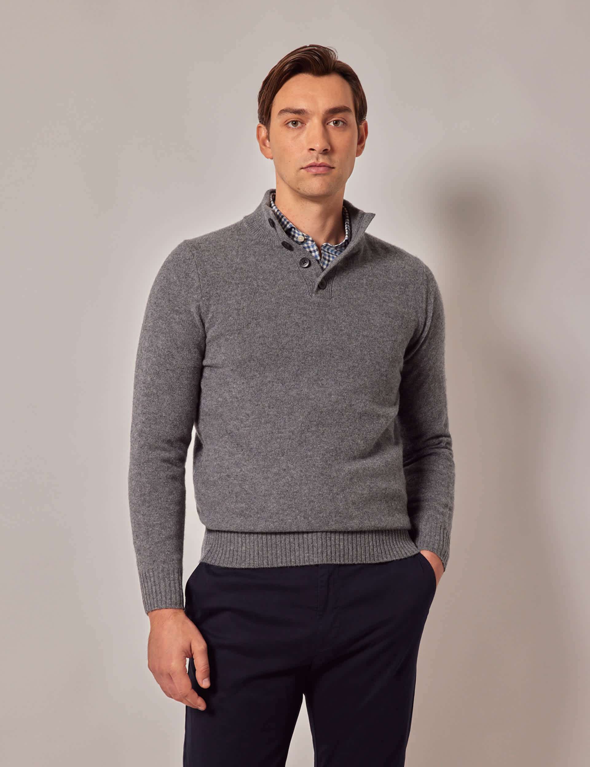 Hawes & Curtis Men's Pure Lambswool Half Button Jumper - Grey, Navy,Neutral,Grey