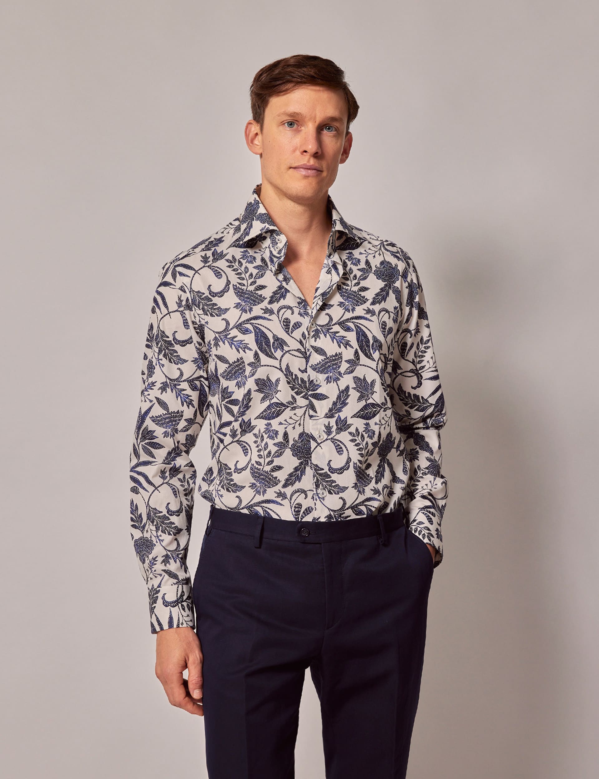 Hawes & Curtis Men's Pure Cotton Floral Shirt - White Mix, White Mix