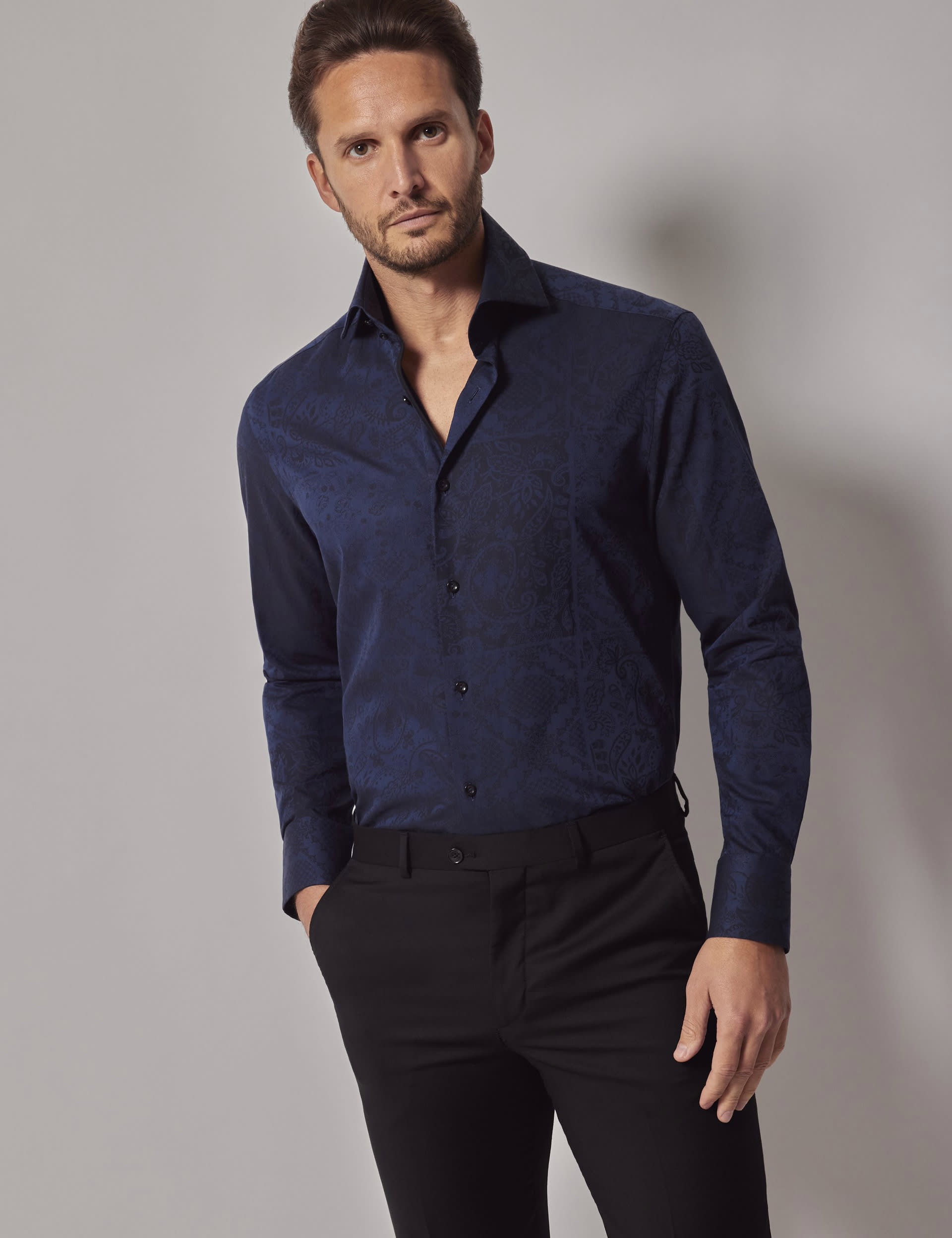 Hawes & Curtis Men's Pure Cotton Jacquard Shirt - L - Navy Mix, Navy Mix