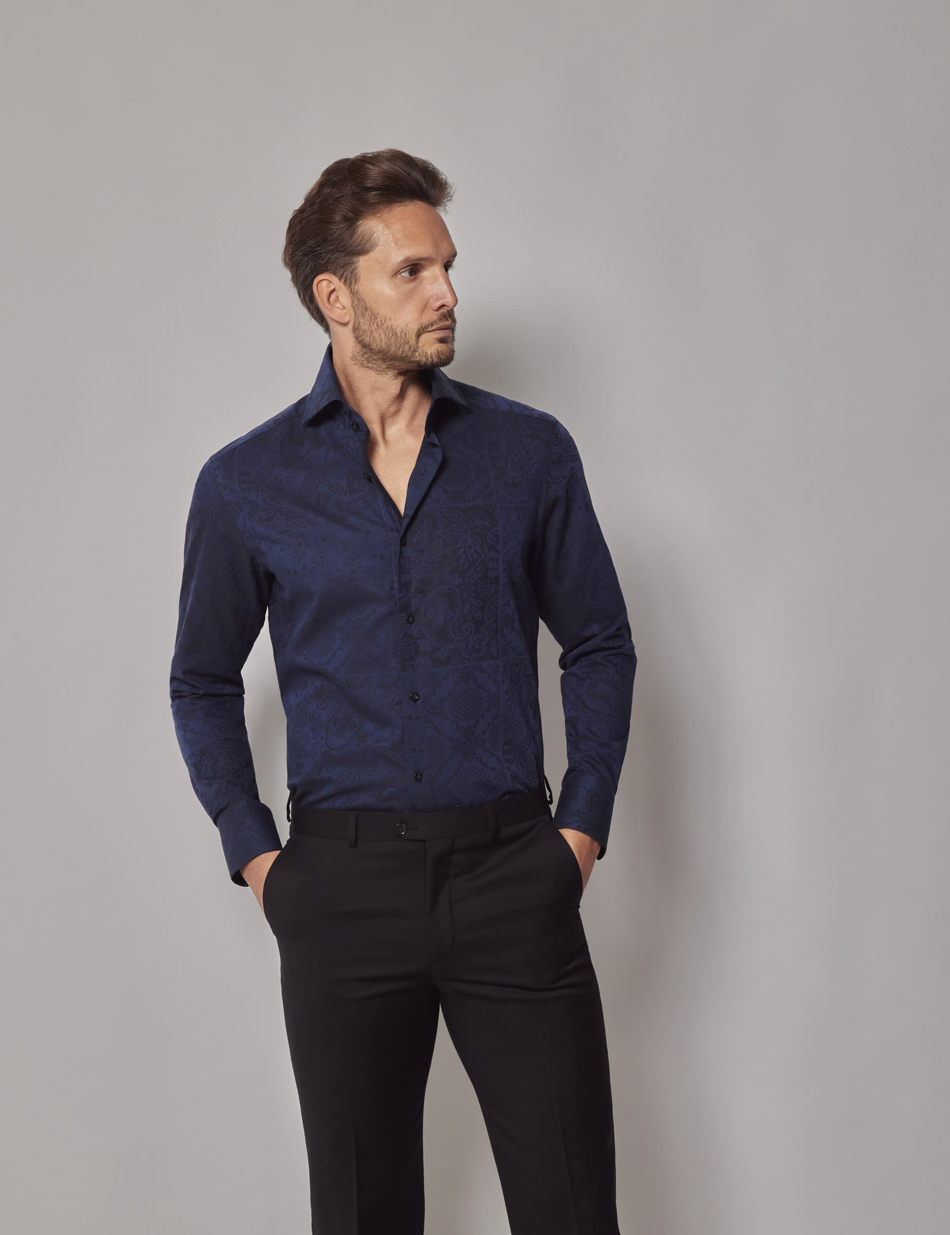 Hawes & Curtis Men's Pure Cotton Jacquard Shirt - Navy Mix, Navy Mix