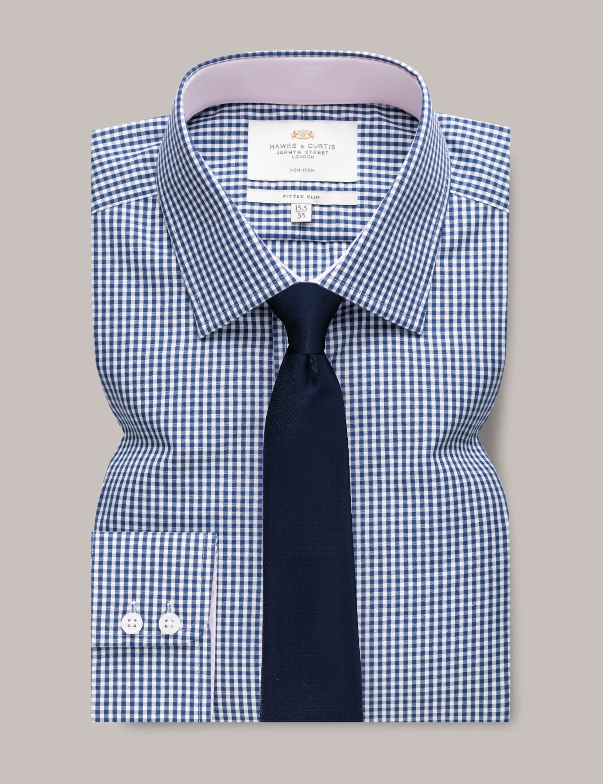 Hawes & Curtis Men's Slim Fit Easy Iron Pure Cotton Gingham Shirt - 15.534 - Navy Mix, Navy Mix