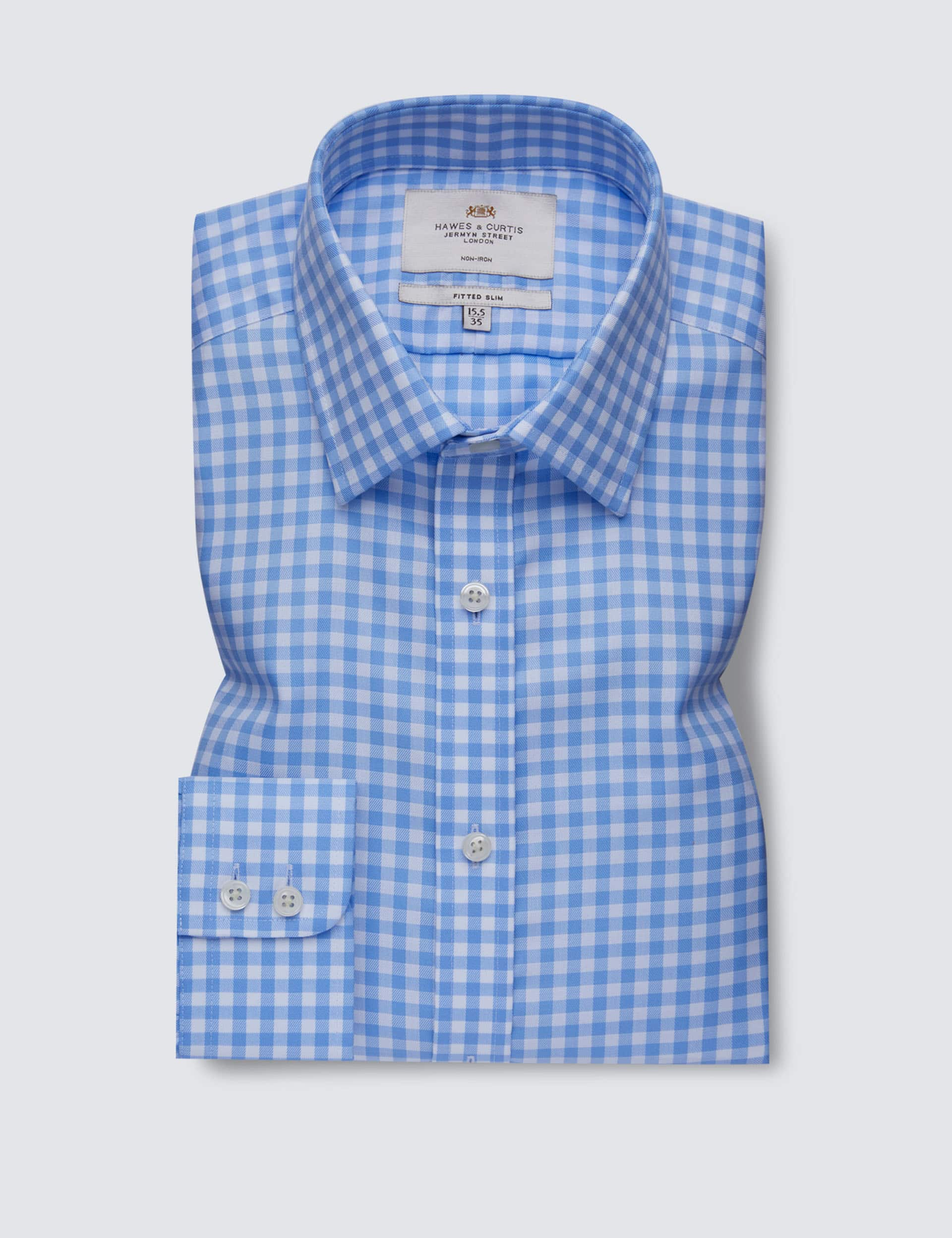 Hawes & Curtis Men's Fitted Slim Non Iron Pure Cotton Check Shirt - 16/34 - Blue Mix, Blue Mix