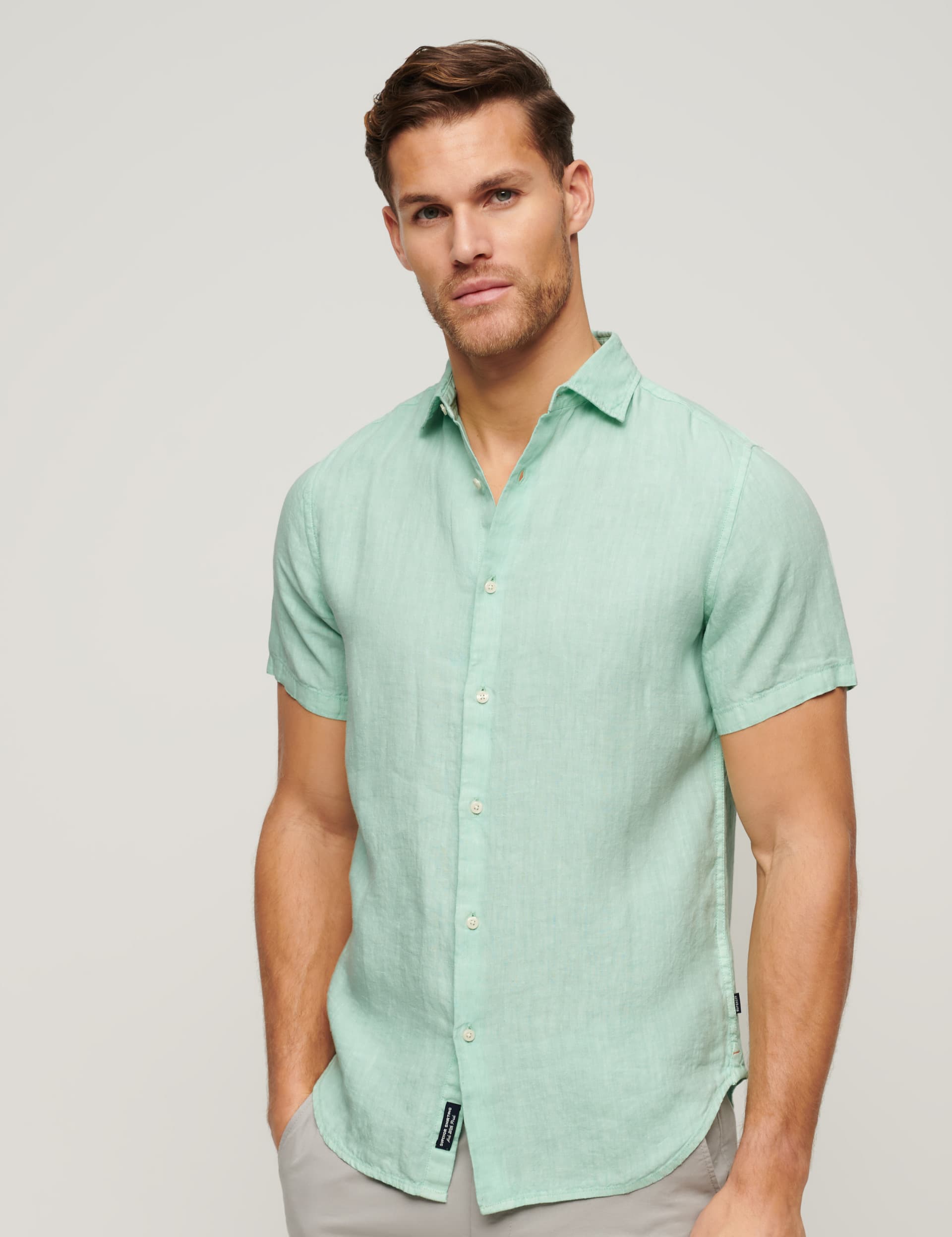 Superdry Men's Slim Fit Pure Linen Shirt - Green, Green,Light Blue