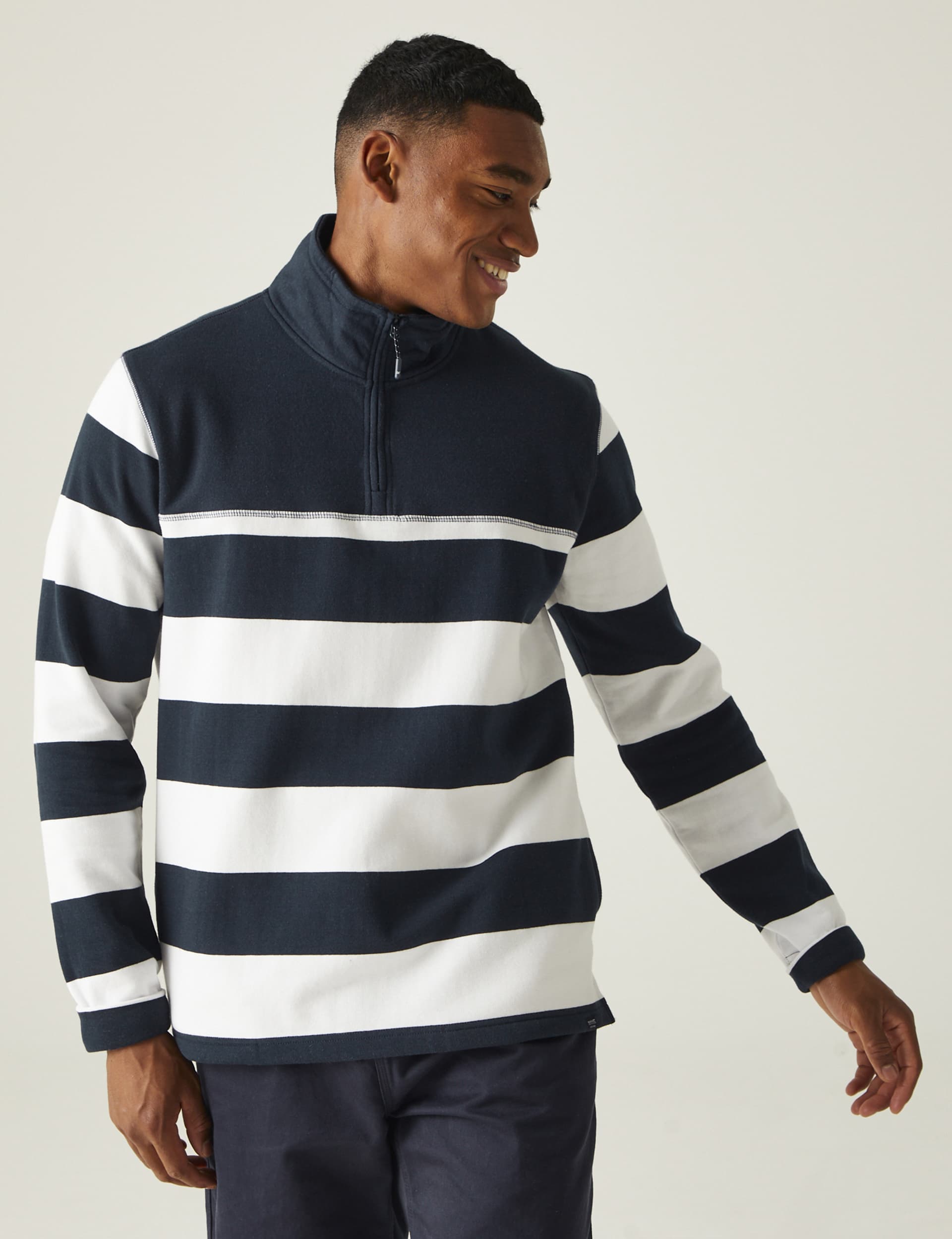 Regatta Men's Agilno Cotton Rich Striped Half Zip Jumper - Navy Mix, Navy Mix,Light Blue Mix