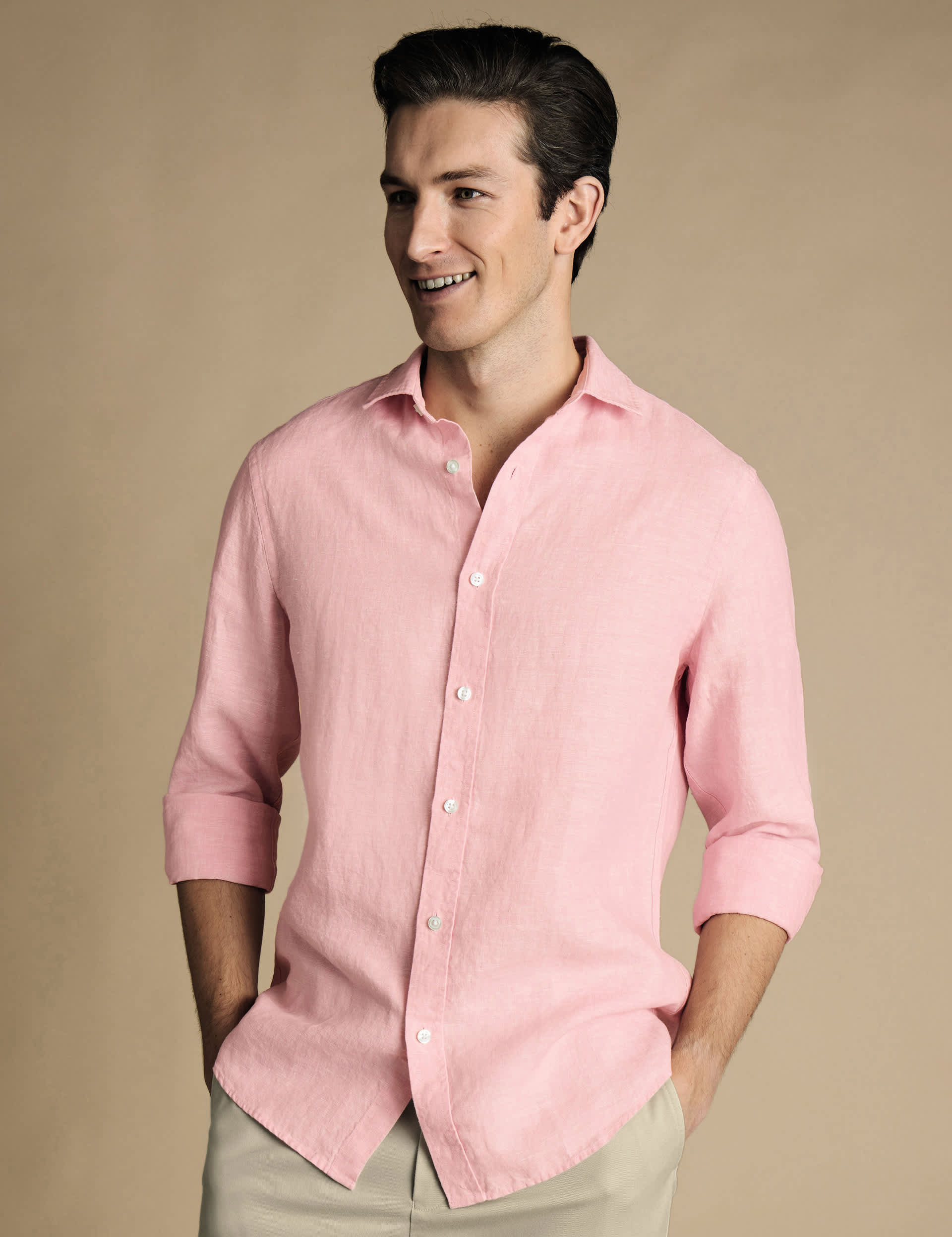 Charles Tyrwhitt Men's Slim Fit Pure Linen Shirt - Pink, Pink,Mocha