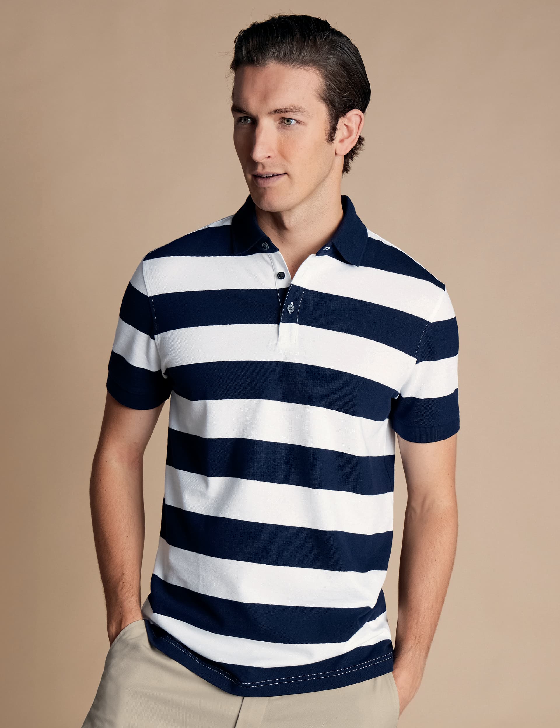 Charles Tyrwhitt Men's Cotton Rich Pique Striped Polo Shirt - M - Navy Mix, Navy Mix