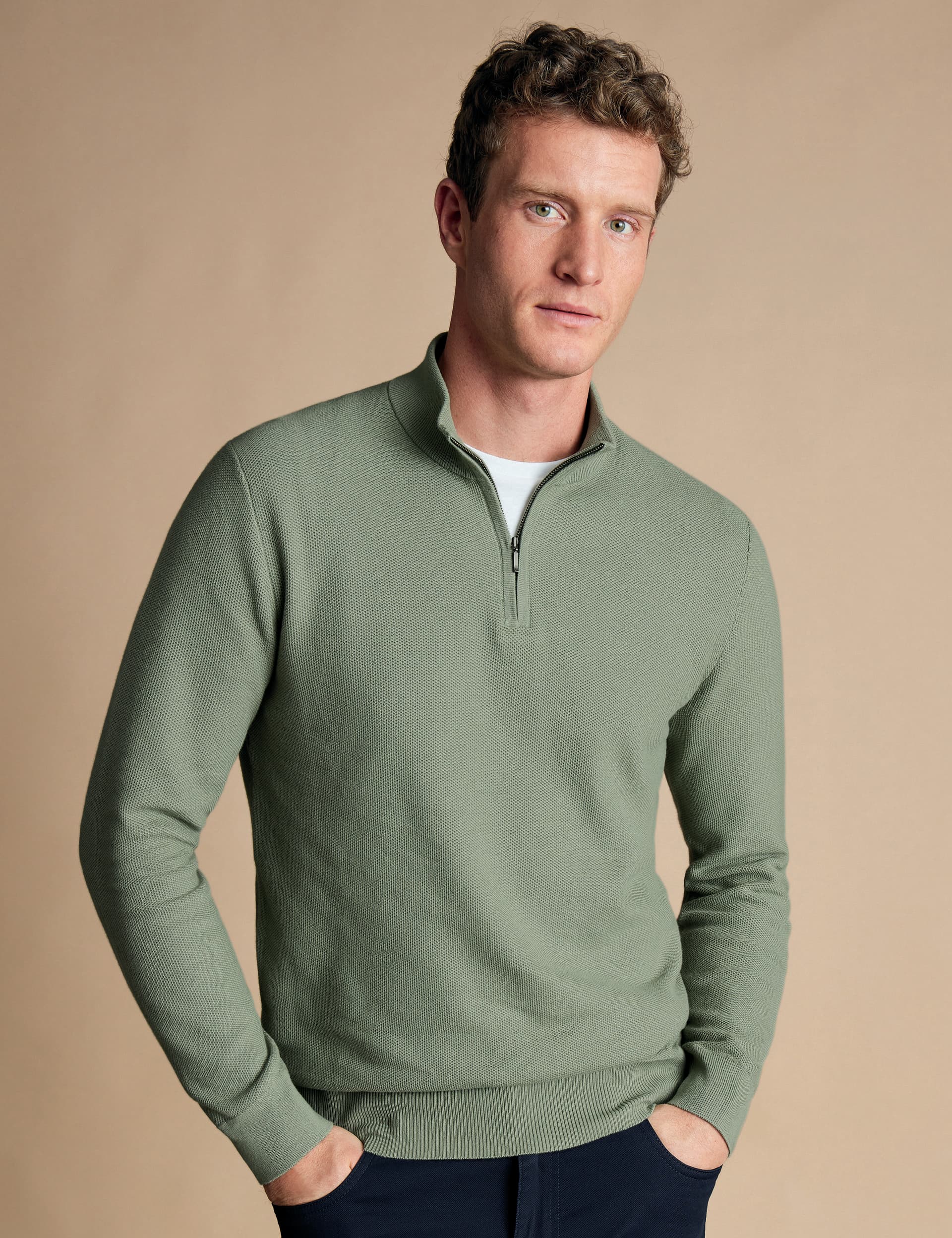 Charles Tyrwhitt Men's Pure Cotton Textured Half Zip Jumper - XL - Sage, Coral,Sage