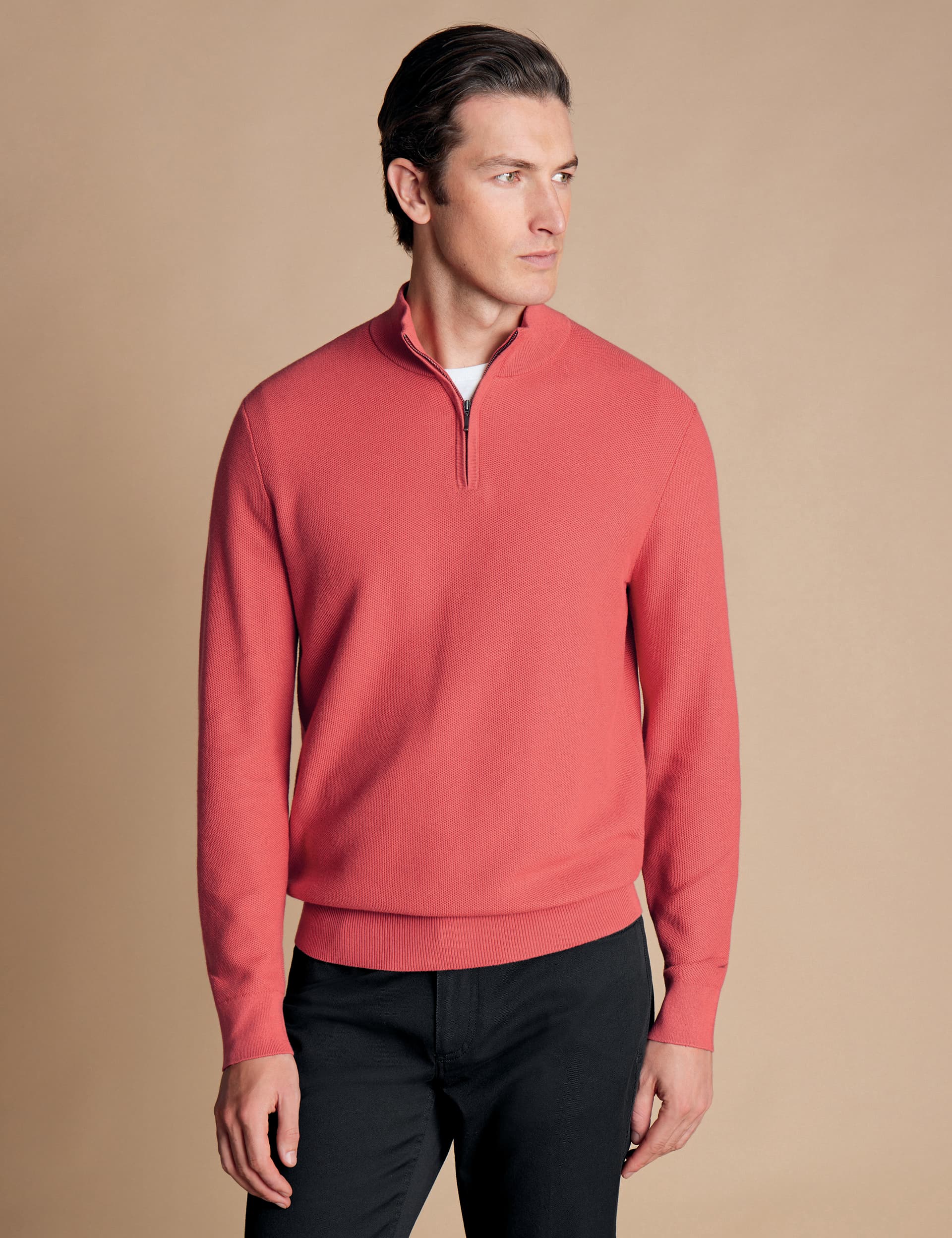 Charles Tyrwhitt Men's Pure Cotton Textured Half Zip Jumper - Coral, Coral