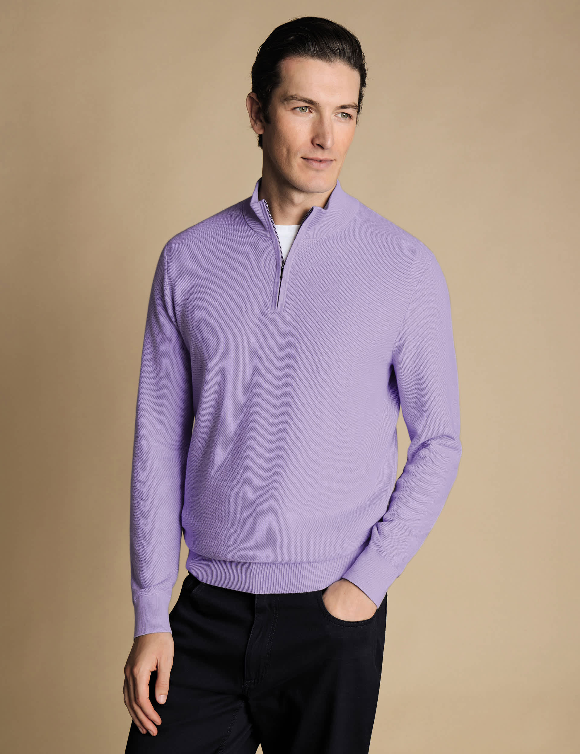 Charles Tyrwhitt Men's Pure Cotton Textured Half Zip Jumper - Lilac, Lilac,Coral,Sage