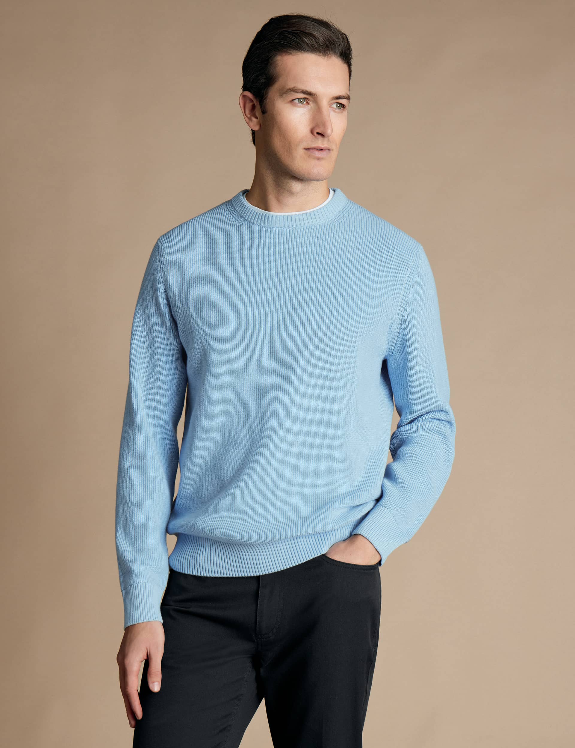 Charles Tyrwhitt Men's Pure Cotton Ribbed Crew Neck Jumper - XL - Sky Blue, Sky Blue