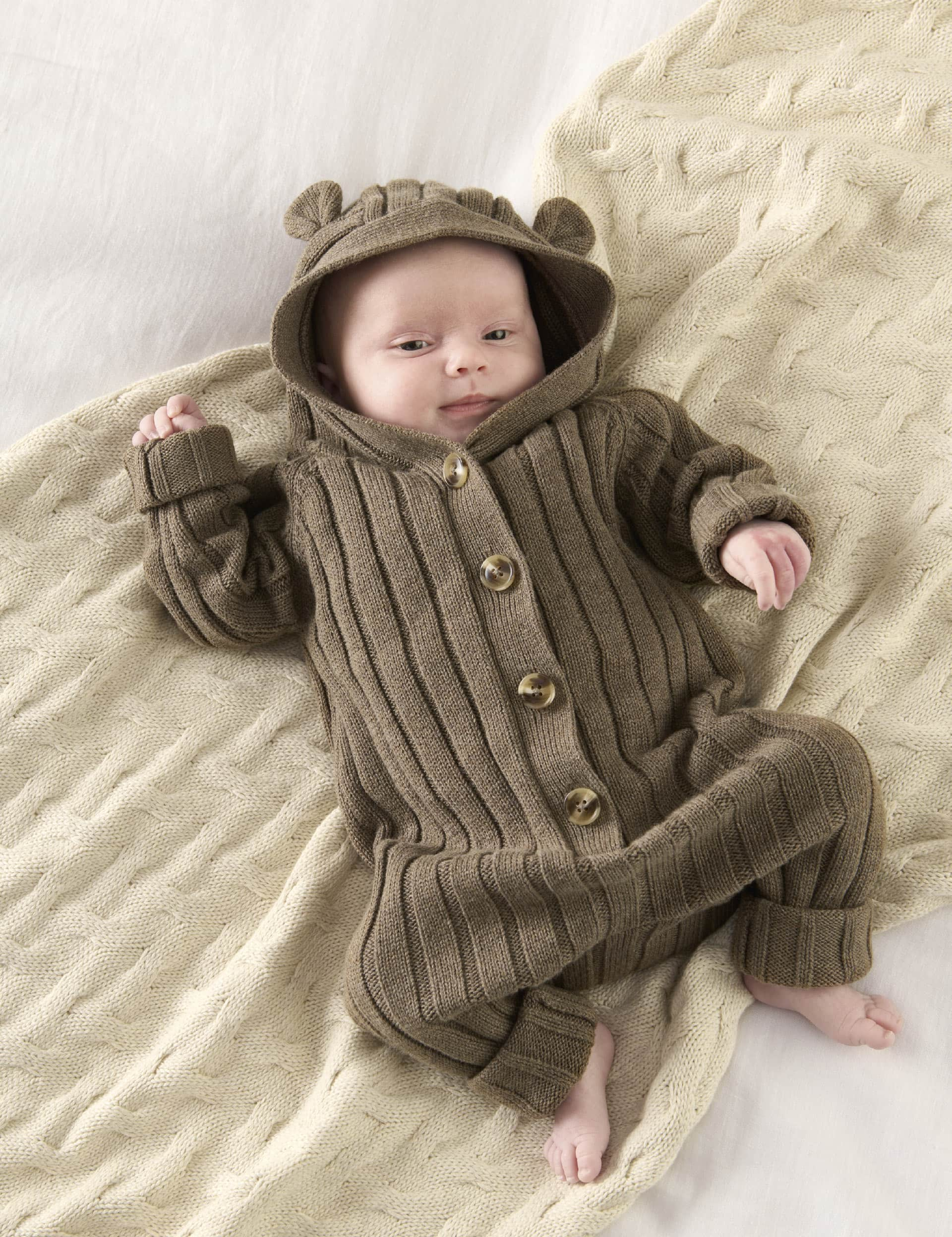 Mamas & Papas Pure Cotton Knitted Hooded Romper (7lbs-12 Mths) - 0-3 M - Brown, Brown