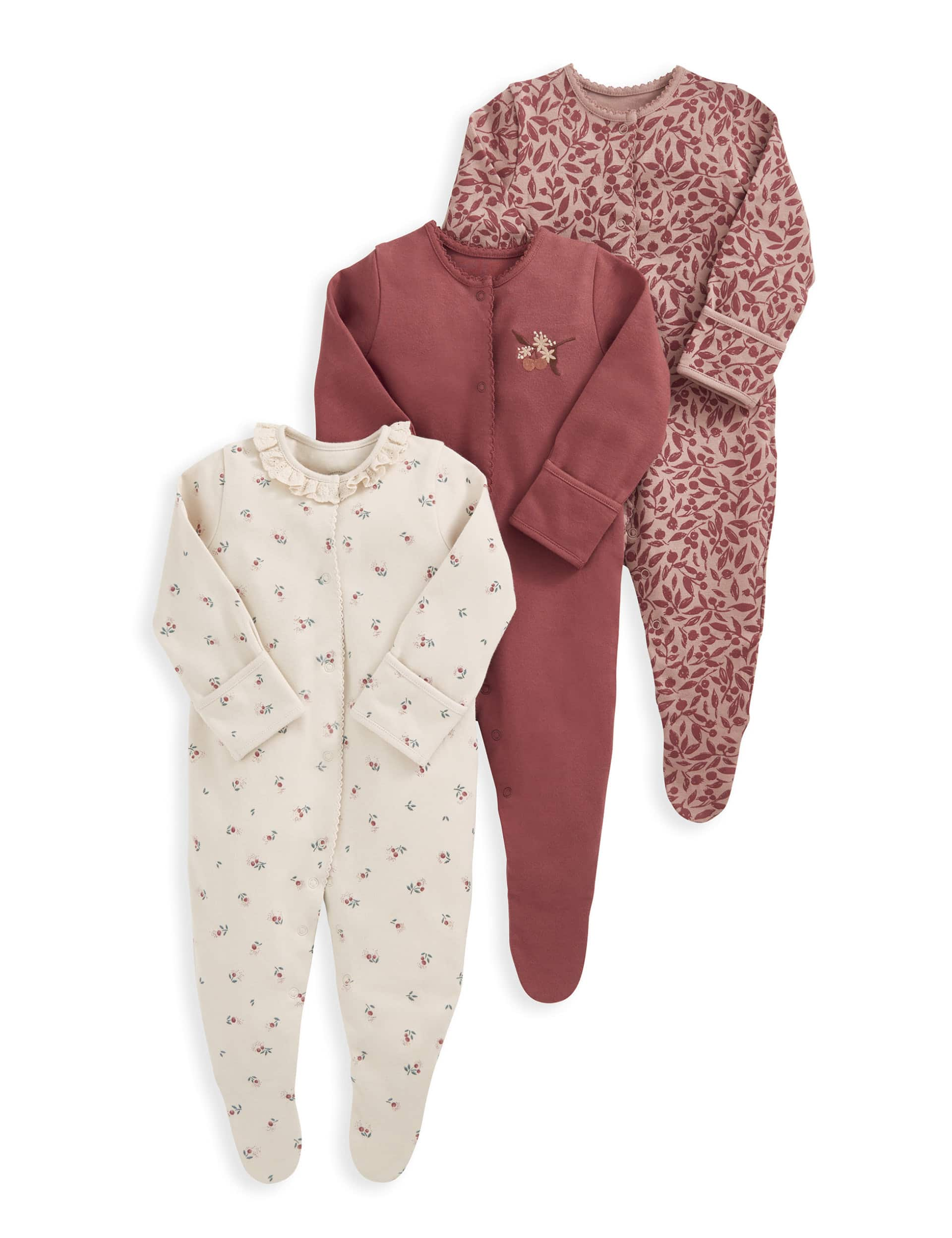 Mamas & Papas Girls 3pk Pure Cotton Cherry Sleepsuits (0-24 Mths) - 0-3 M - Multi, Multi