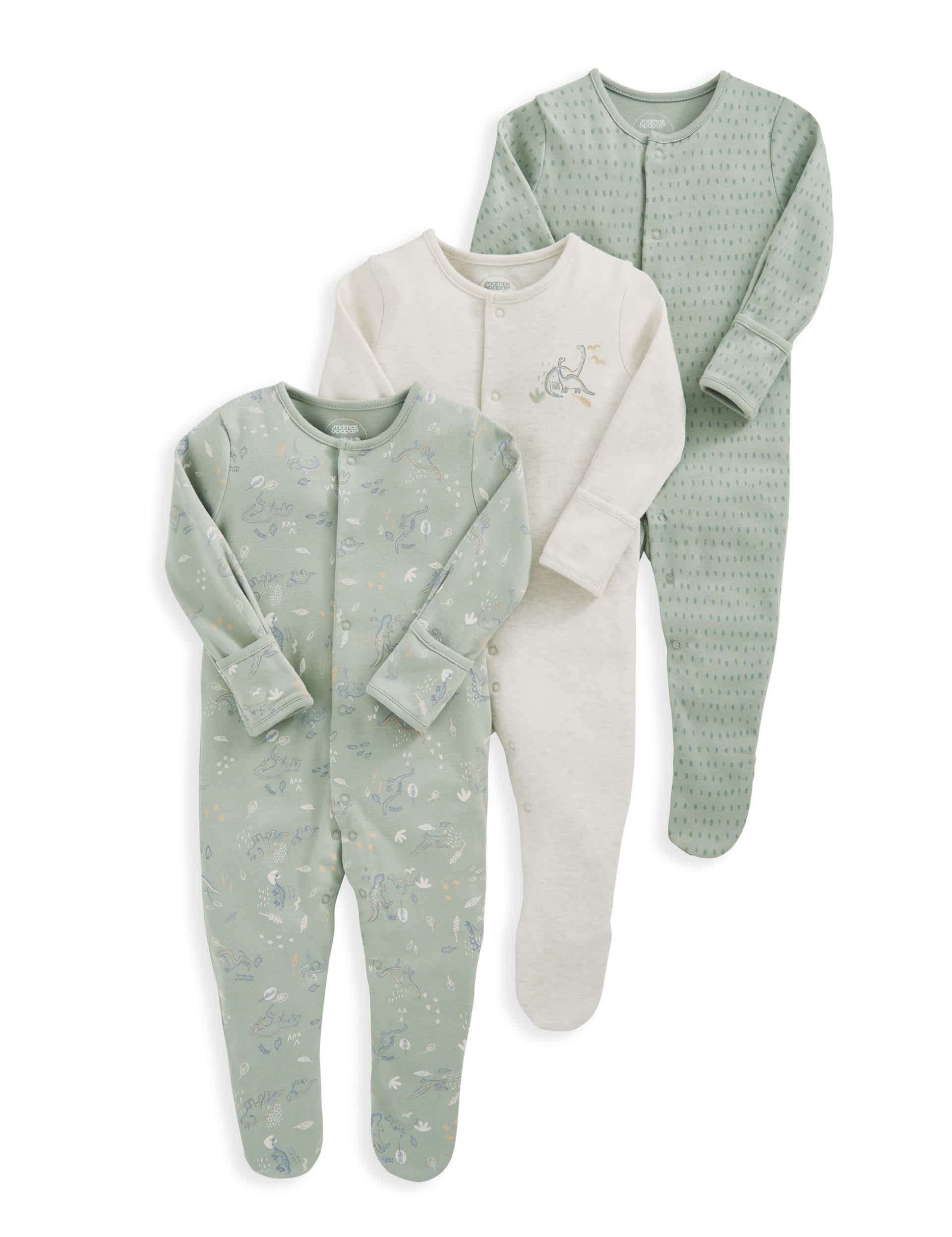 Mamas & Papas Boys 3pk Pure Cotton Dinosaur Sleepsuits (0-24 Mths) - 0-3 M - Multi, Multi