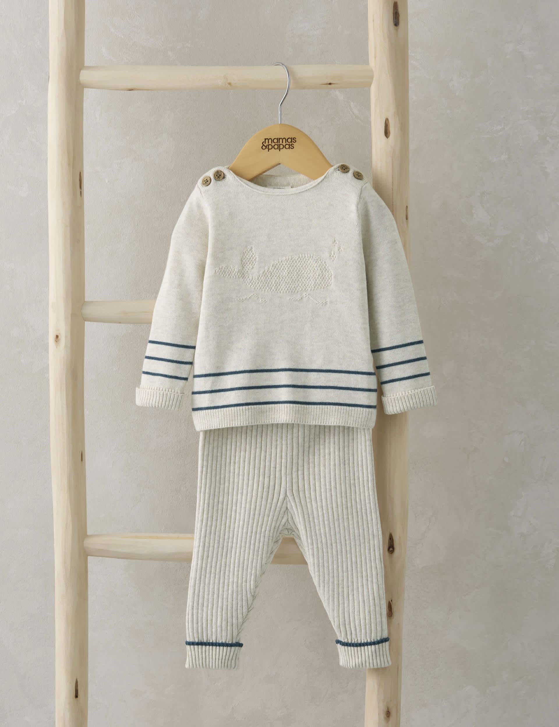 Mamas & Papas Newborn Boys 2pc Pure Cotton Knitted Whale Outfit (0-12 Mths) - 3-6 M - Beige, Beige