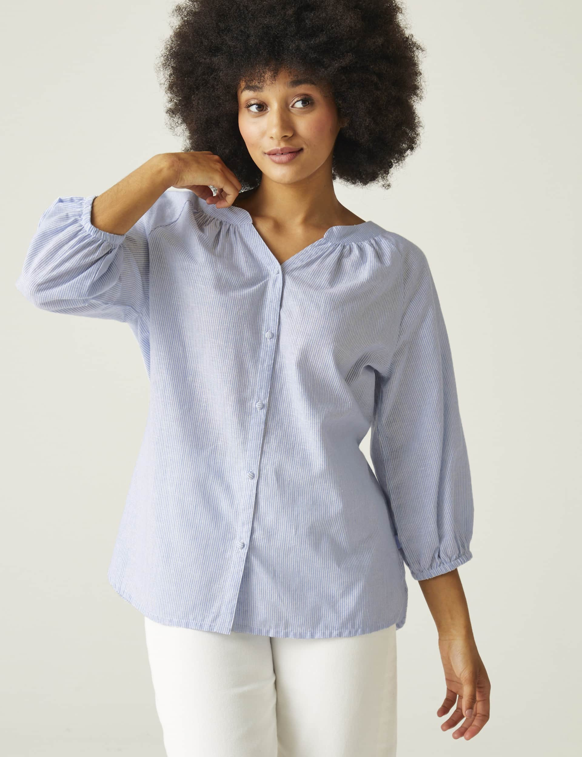 Regatta Women's Natuna Cotton Rich Striped Shirt - 12 - Light Blue, Light Blue