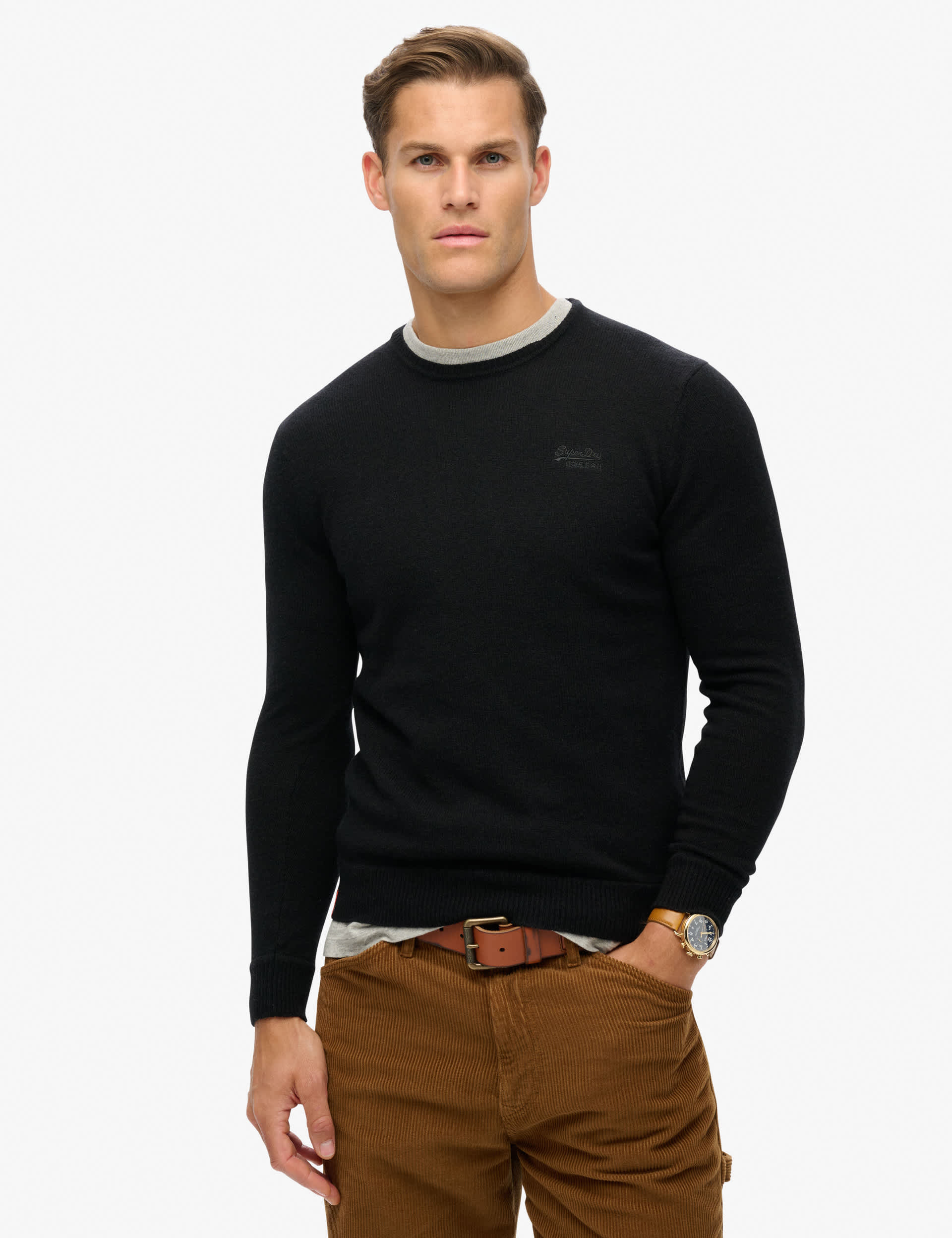 Superdry Men's Wool Blend Ribbed Crew Neck Jumper - Black, Brown,Light Grey,Black,Navy