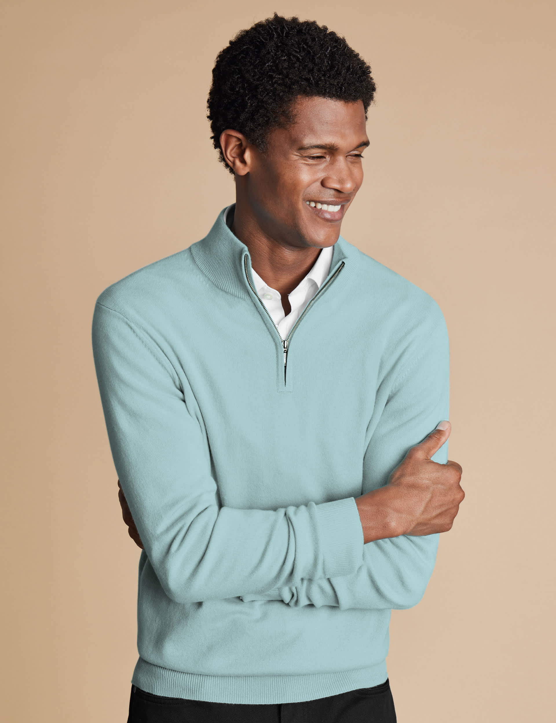 Charles Tyrwhitt Men's Pure Cashmere Half Zip Jumper - Green, Green,Cream