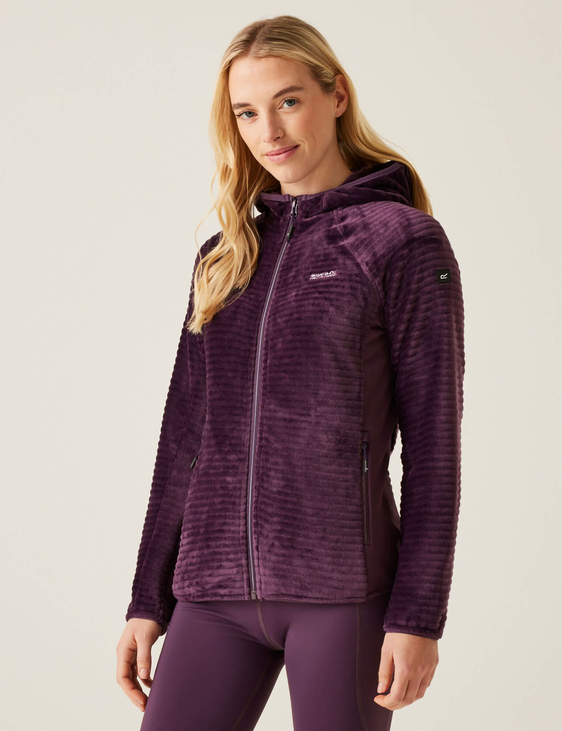 Regatta Women's Endra Ribbed Zip Up Hooded Fleece - 14 - Purple, Purple,Black