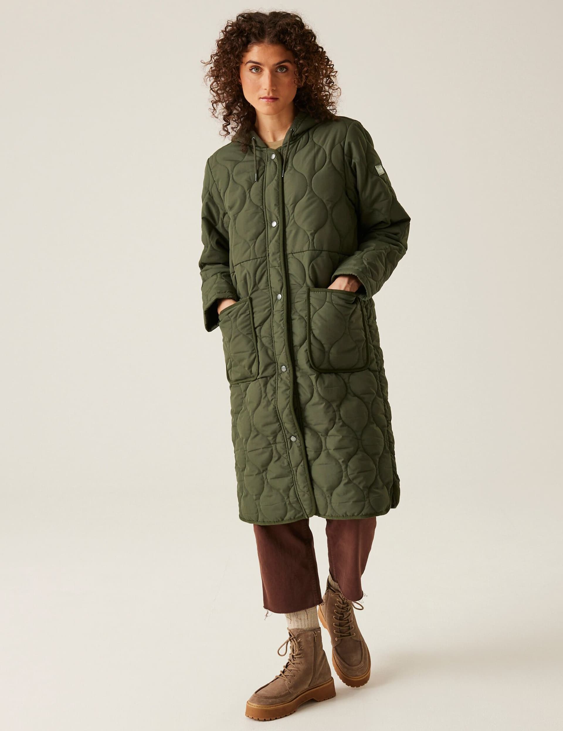 Regatta Women's Jaycee II Quilted Hooded Longline Coat - 12 - Khaki, Khaki,Navy