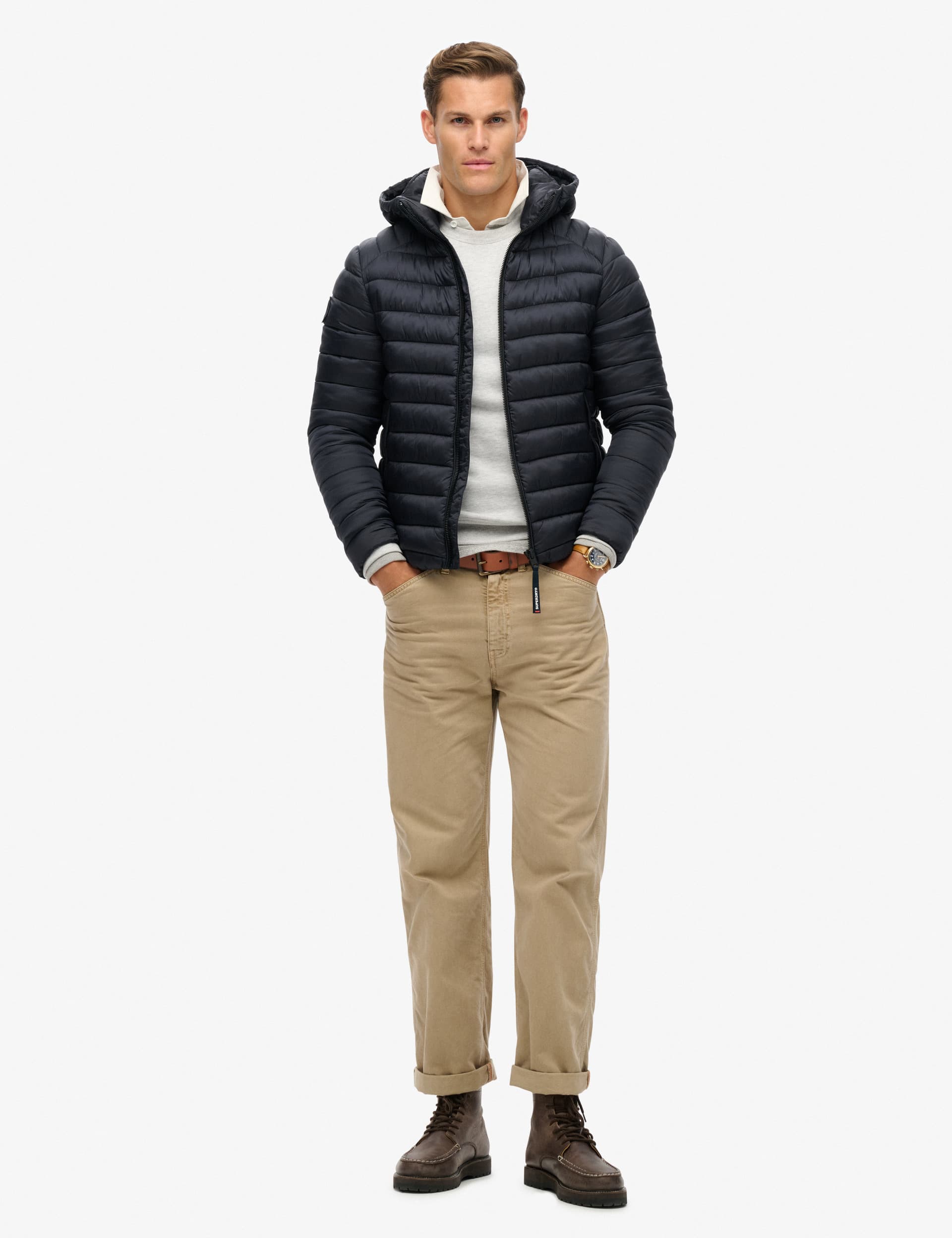 Superdry Men's Hooded Padded Jacket - L - Navy, Navy,Khaki