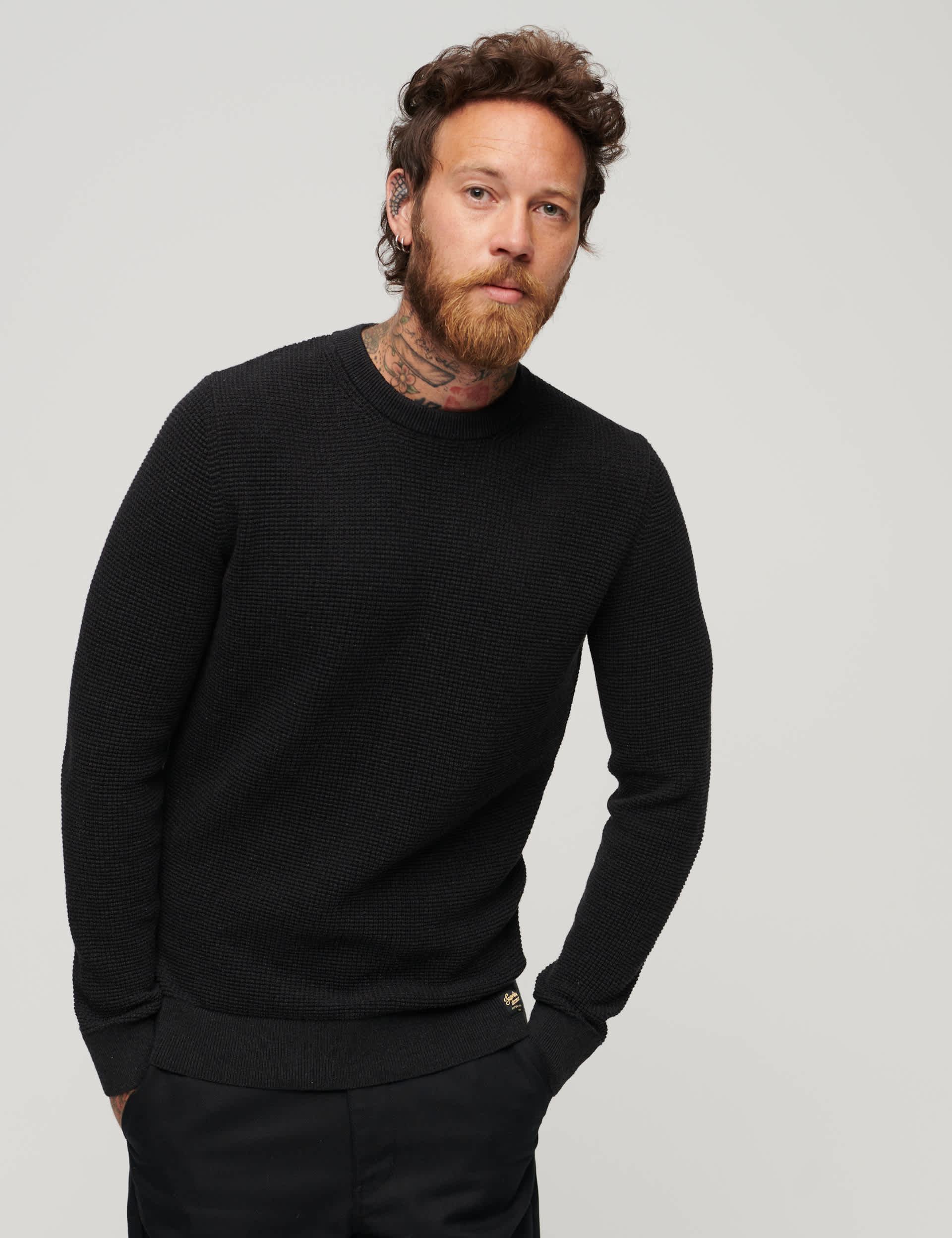 Superdry Men's Pure Cotton Textured Crew Neck Jumper - L - Black, Black