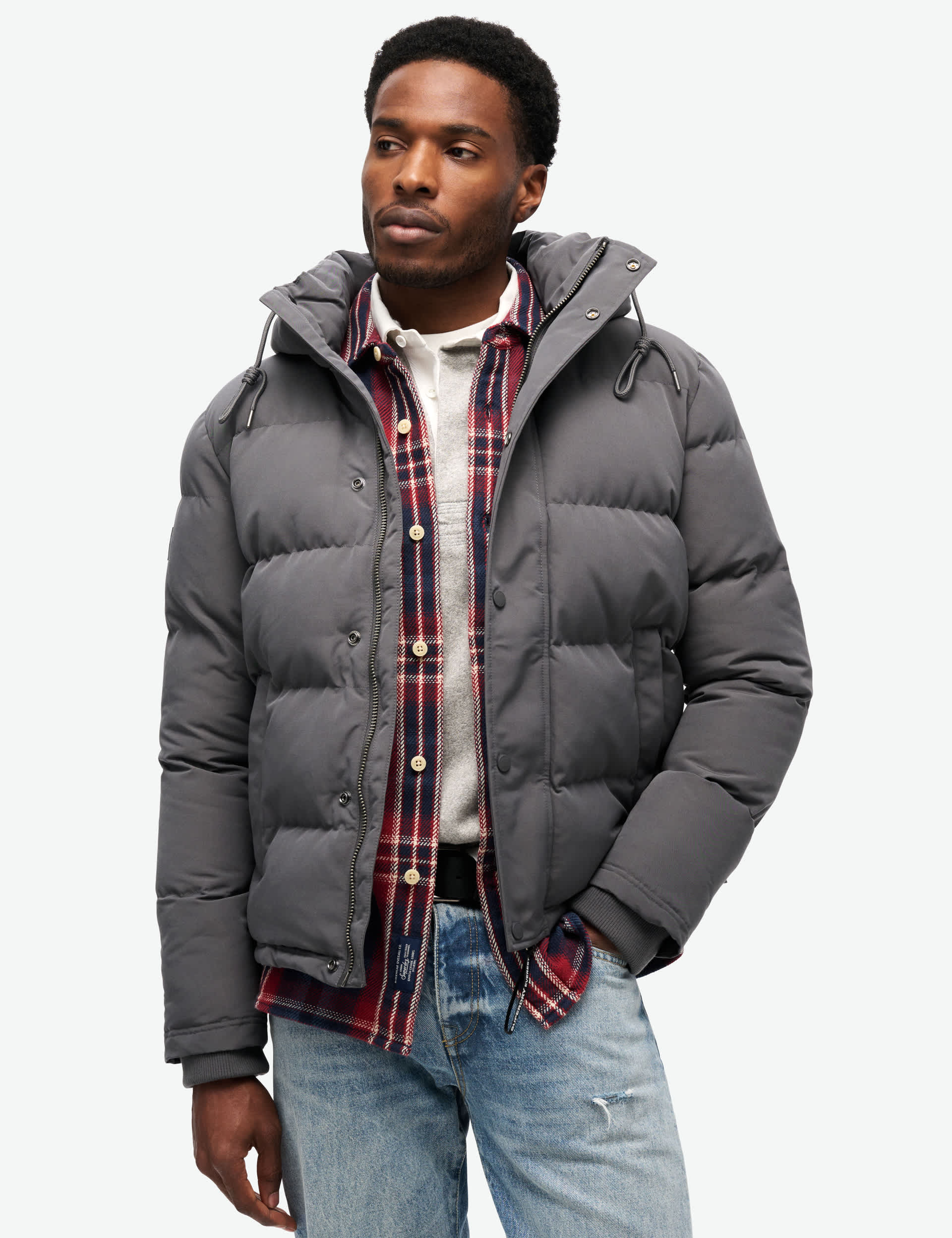 Superdry Men's Hooded Padded Puffer Jacket - L - Dark Grey, Dark Grey