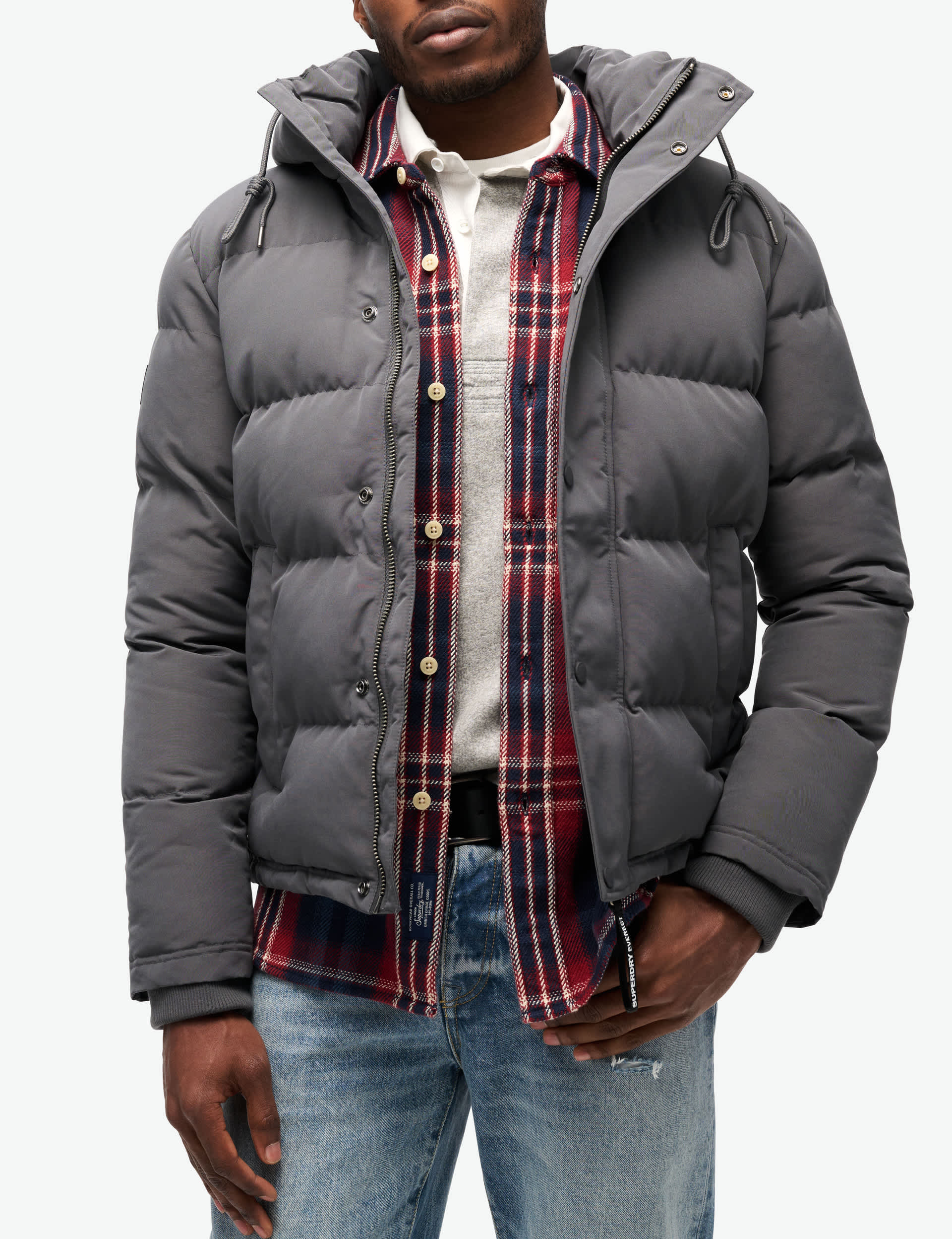 Superdry Men's Hooded Padded Puffer Jacket - L - Dark Grey, Dark Grey,Brown