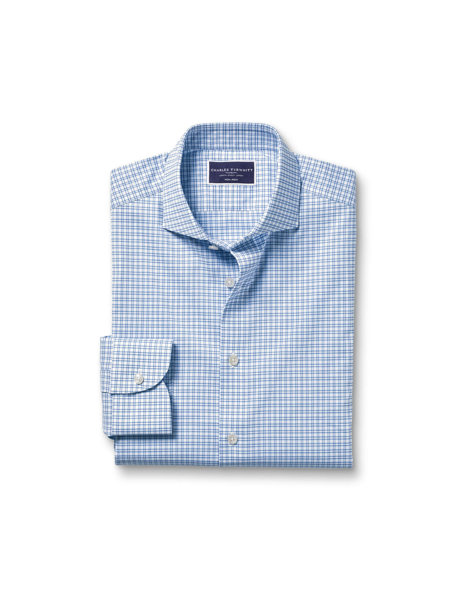 Charles Tyrwhitt Men's Slim Fit Non Iron Cotton Blend Check Shirt - 1635 - Blue Mix, Blue Mix