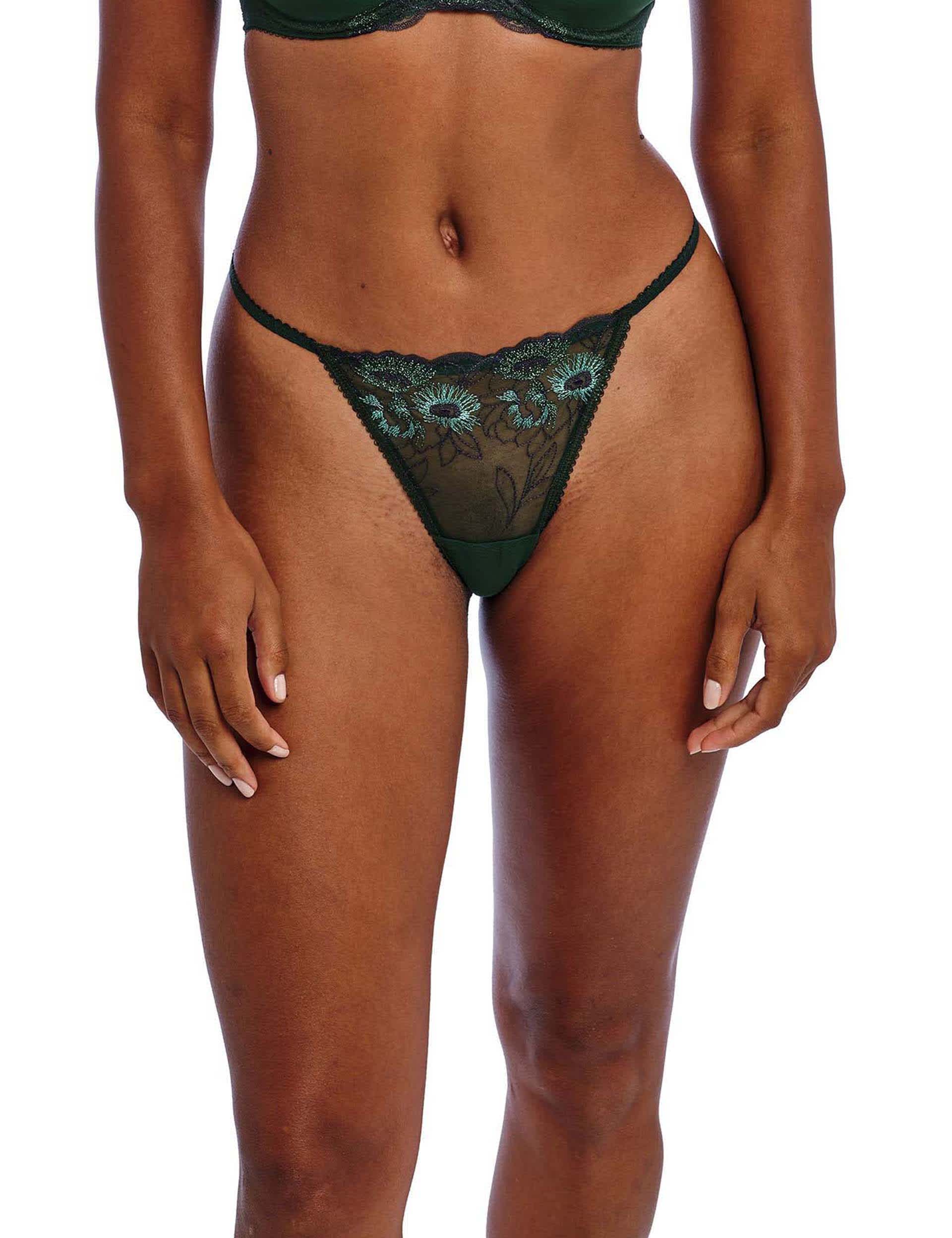 Freya Women's Loveland Mesh Embroidered Thong - Dark Green, Dark Green