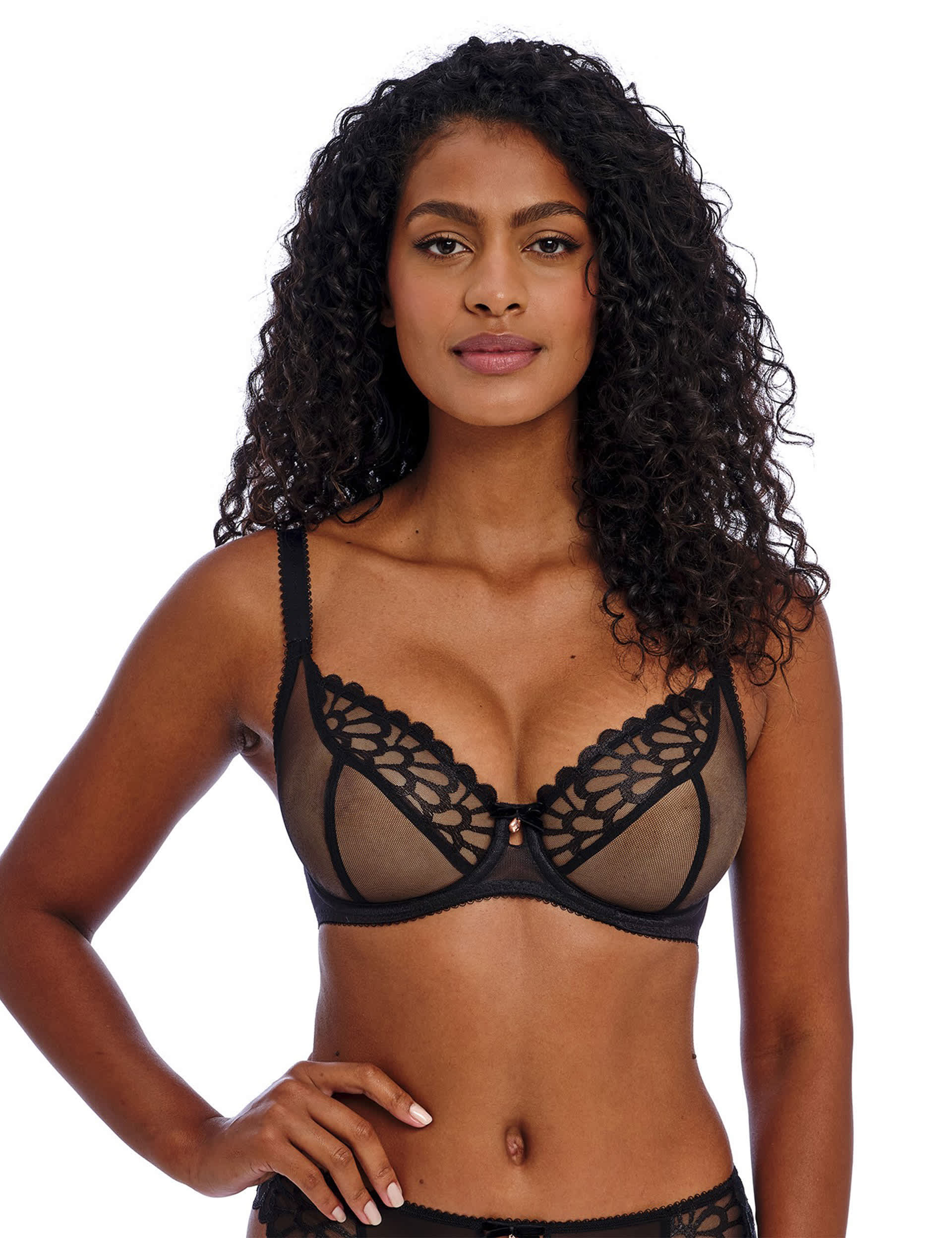 Freya Women's Loveland Embroidered Mesh Wired Plunge Bra - 32FF - Black Mix, Black Mix