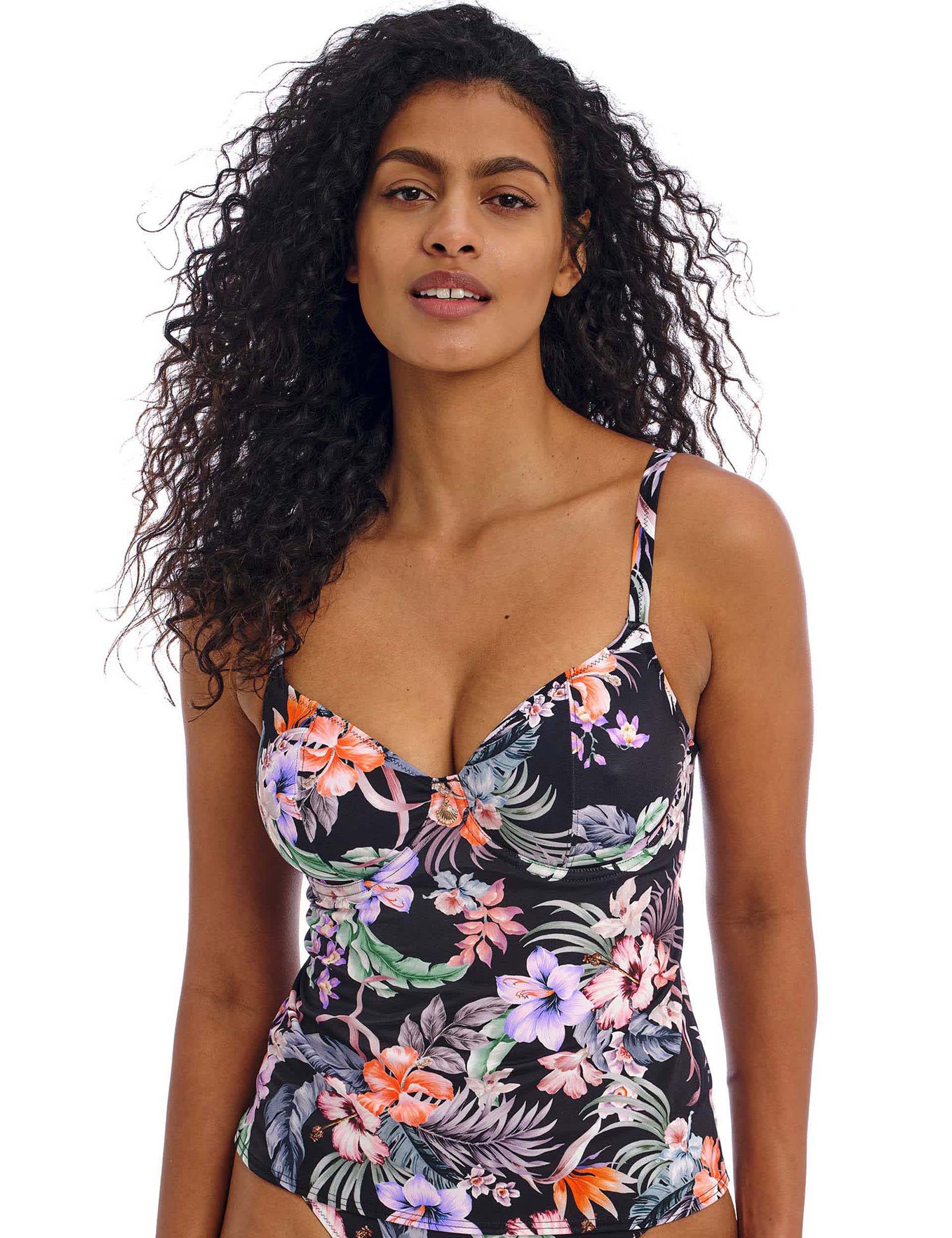 Freya Women's Kamala Bay Floral Wired Plunge Tankini Top - 34DD - Black Mix, Black Mix