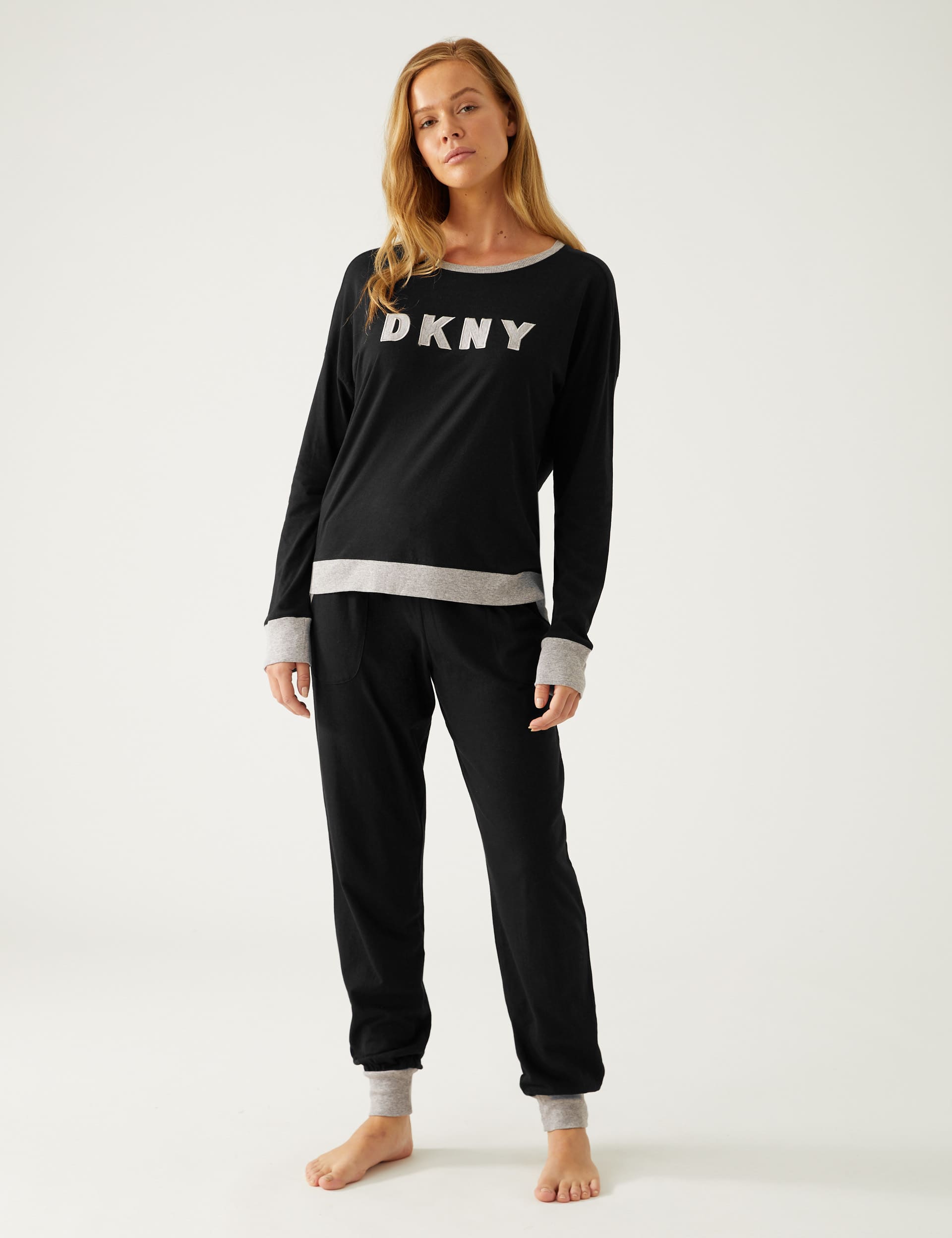 Dkny Women's Cotton Rich Embroidered Pyjama Set - XS - Black, Black