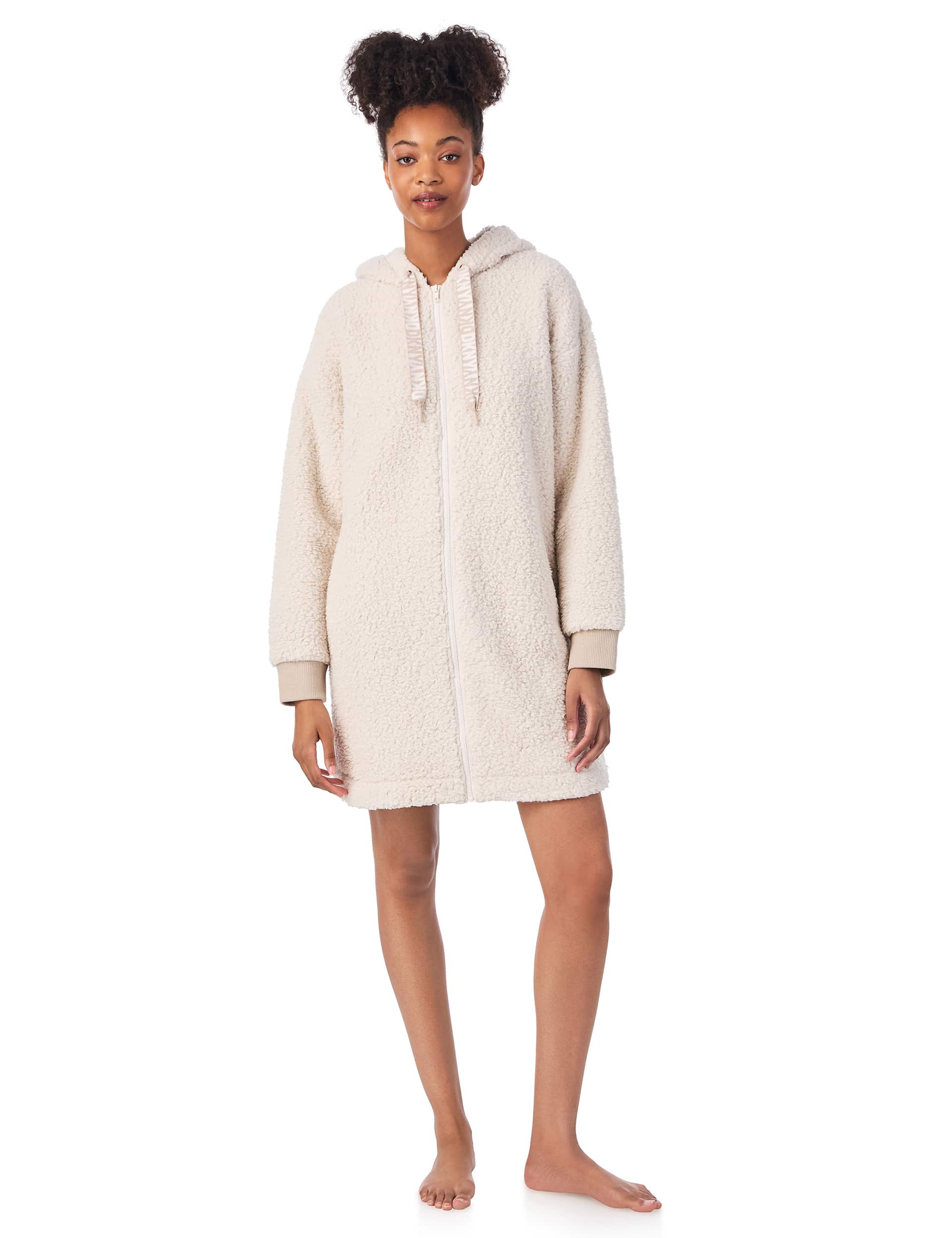 Dkny Women's Fleece Hooded Robe - M - Beige, Beige,Charcoal