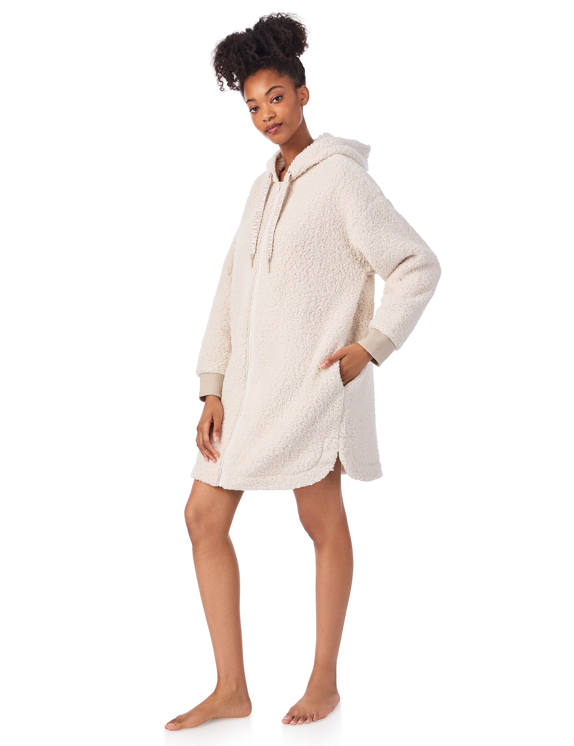 Dkny Women's Fleece Hooded Robe - M - Beige, Beige,Charcoal