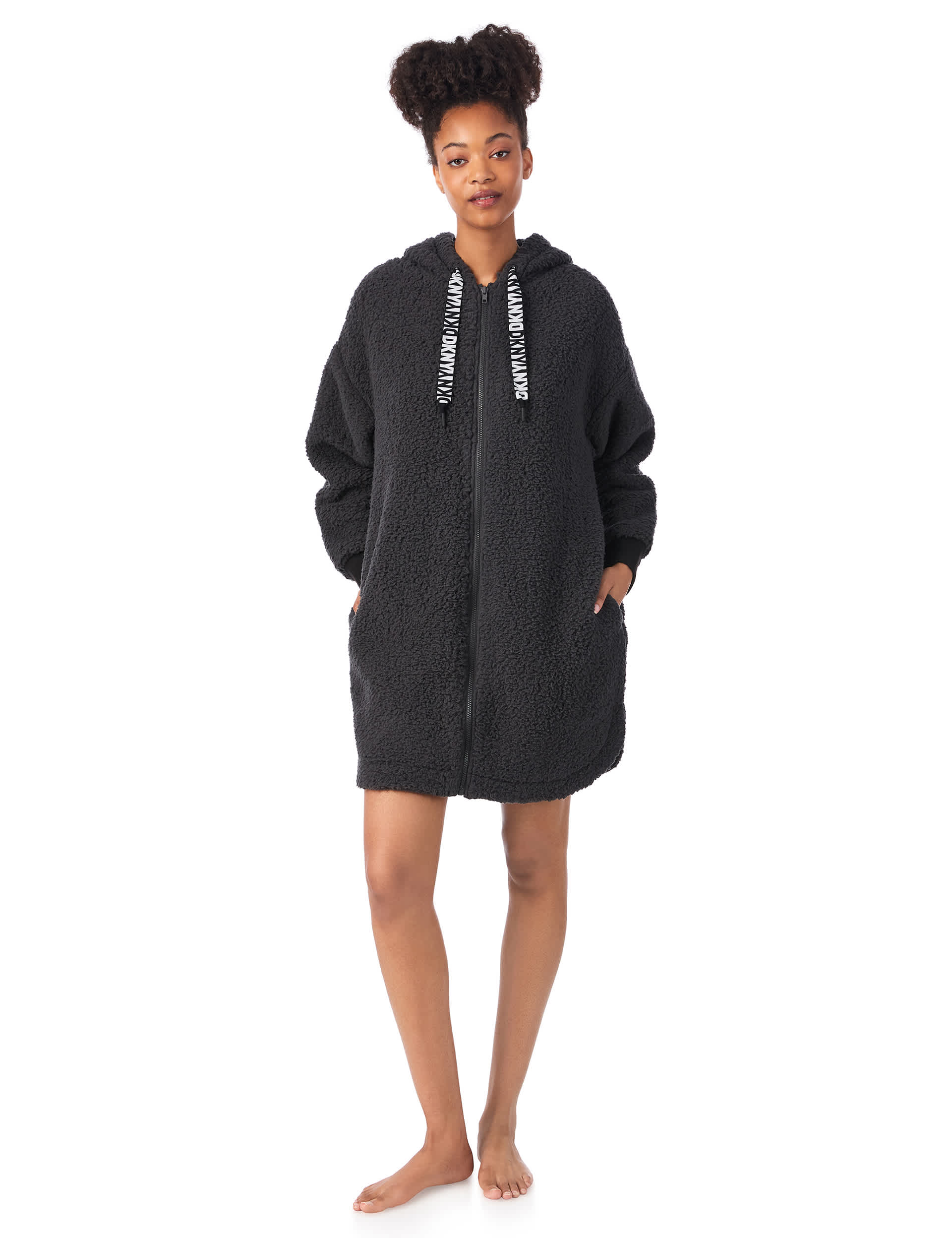 Dkny Women's Fleece Hooded Robe - M - Charcoal, Charcoal,Beige