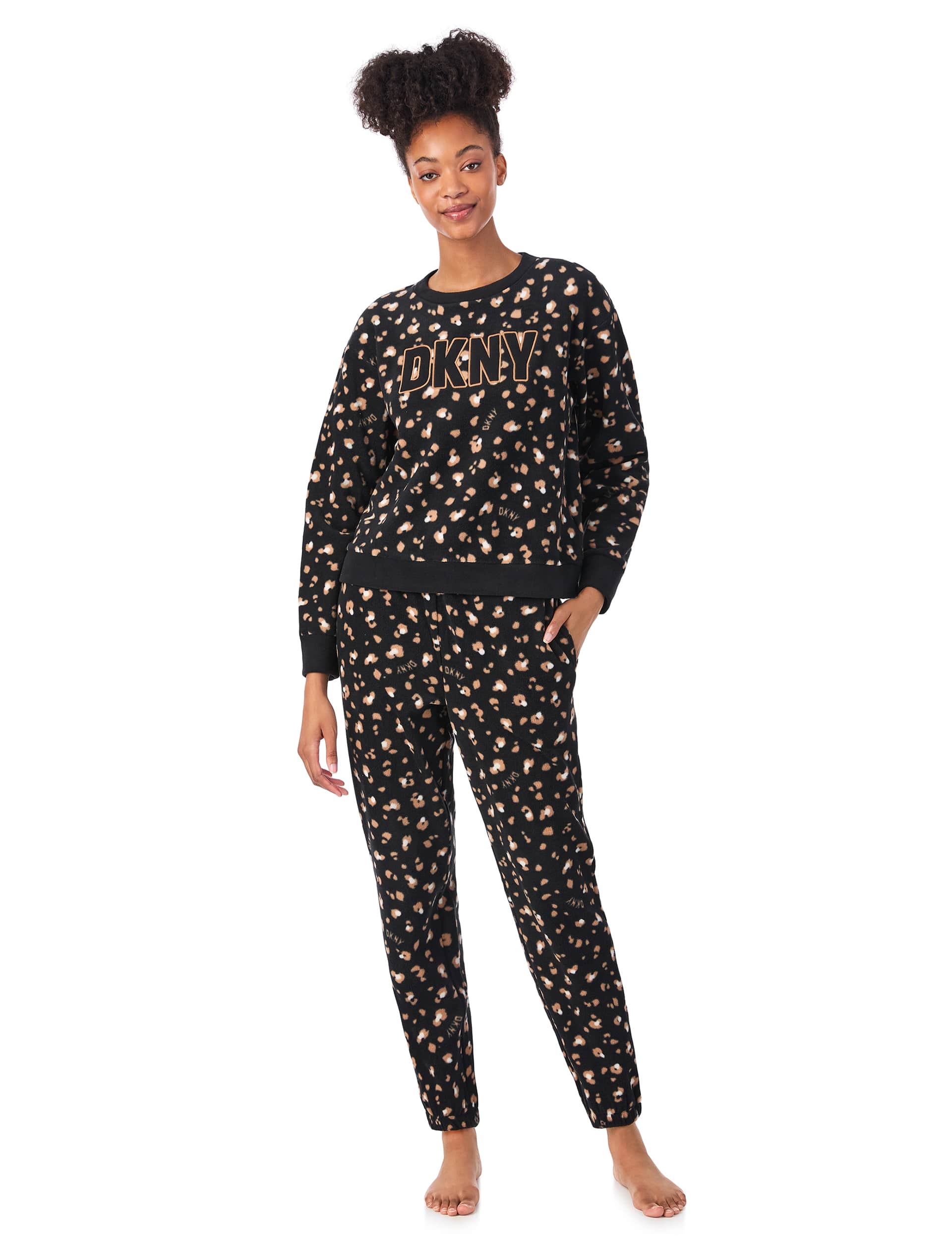 Dkny Women's Fleece Animal Print Pyjama Set - Black Mix, Black Mix