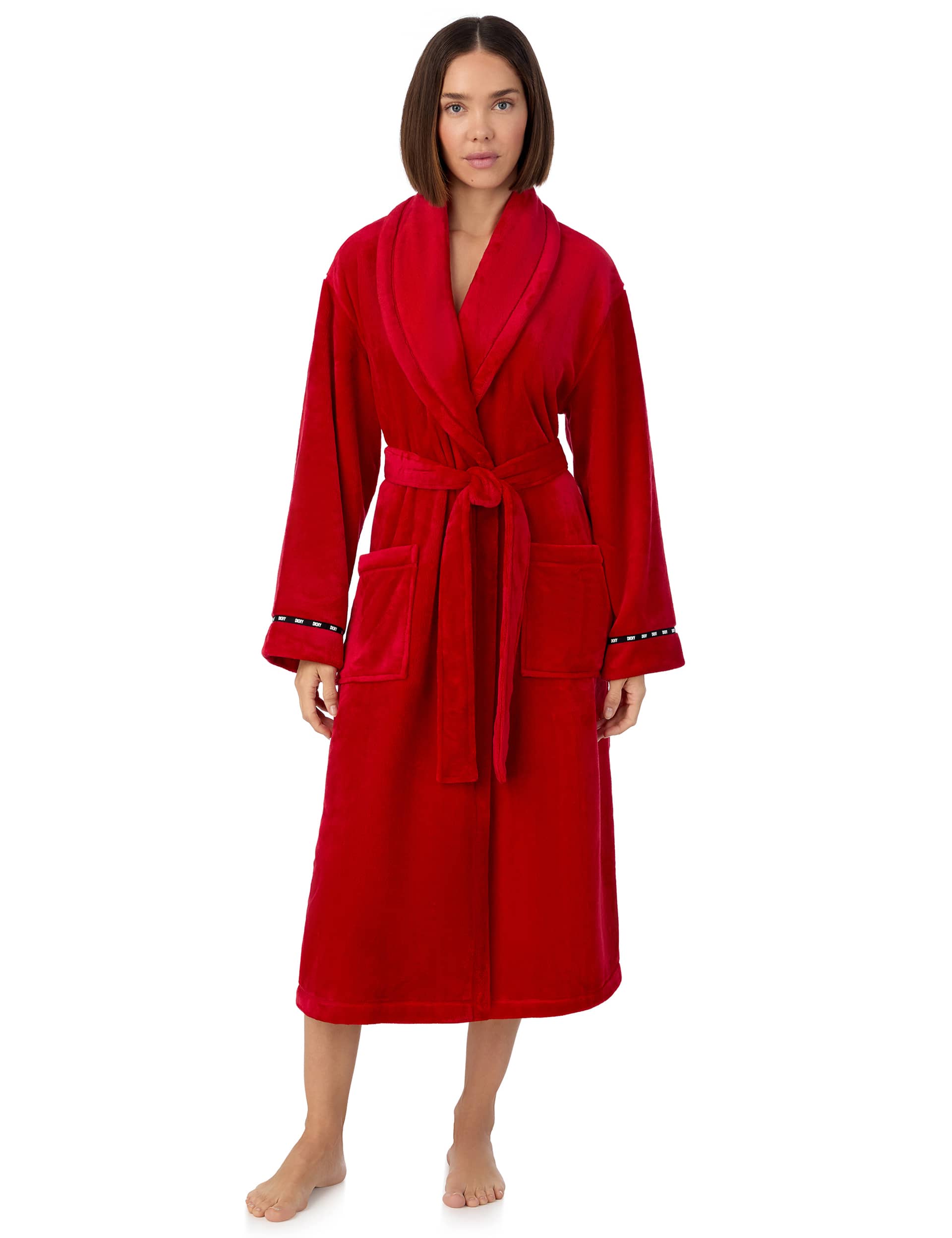 Dkny Women's Long Chenille Robe - M - Red, Red,Black