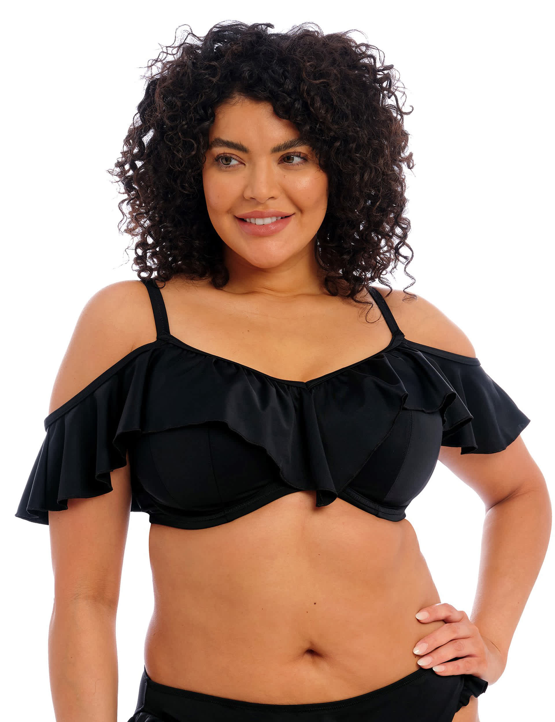 Elomi Women's Plain Sailing Wired Ruffle Bikini Top - 42E - Black, Black