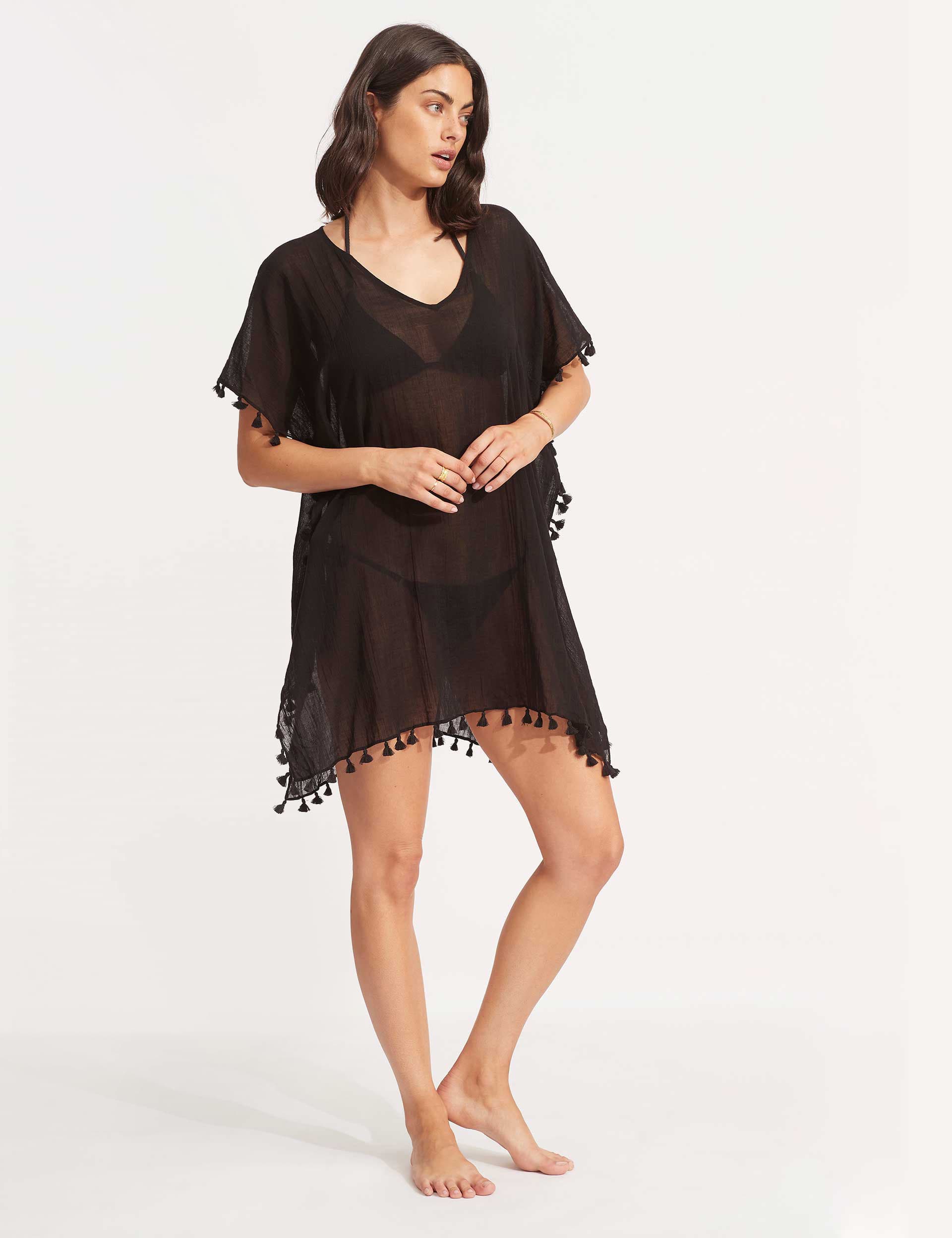 Seafolly Women's Amnesia Pure Cotton Tassel Beach Cover Up Kaftan - Black, White,Black,Navy